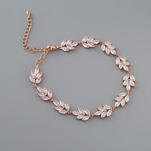 Miniatura 6 de SWEETV Pulsera de boda nupcial para novias, pulsera de circonita cúbica de cristal de dama de honor, estilo vintage de hoja y vid