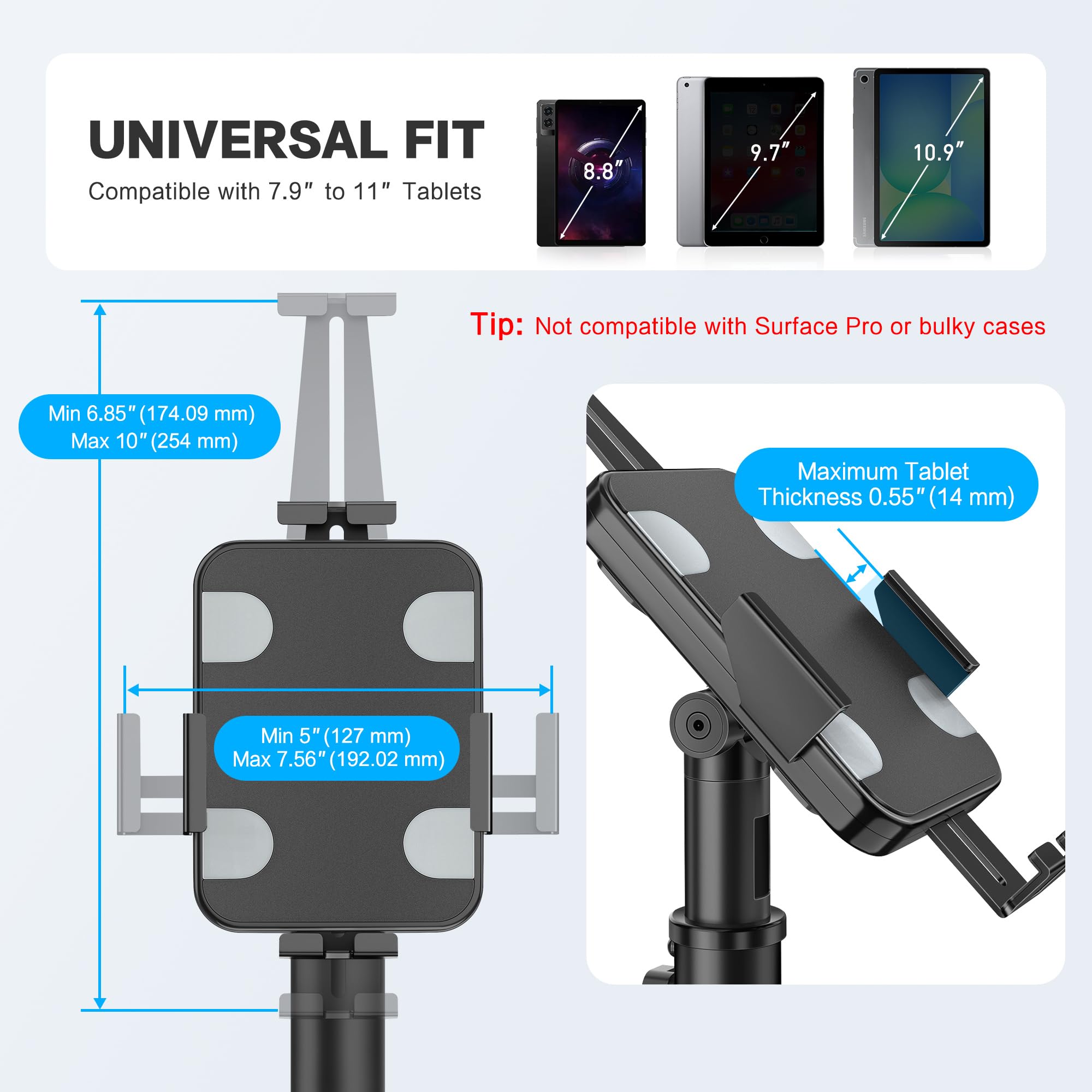 AboveTEK Soporte de Pie para iPad/Tablet TPV, Antirrobo con Cerradura, Altura Ajustable y Giro 360° e Inclinación, Base Pesada, Compatible 7,9-11 Pulgadas, para Tienda, Recepción y Punto de Venta