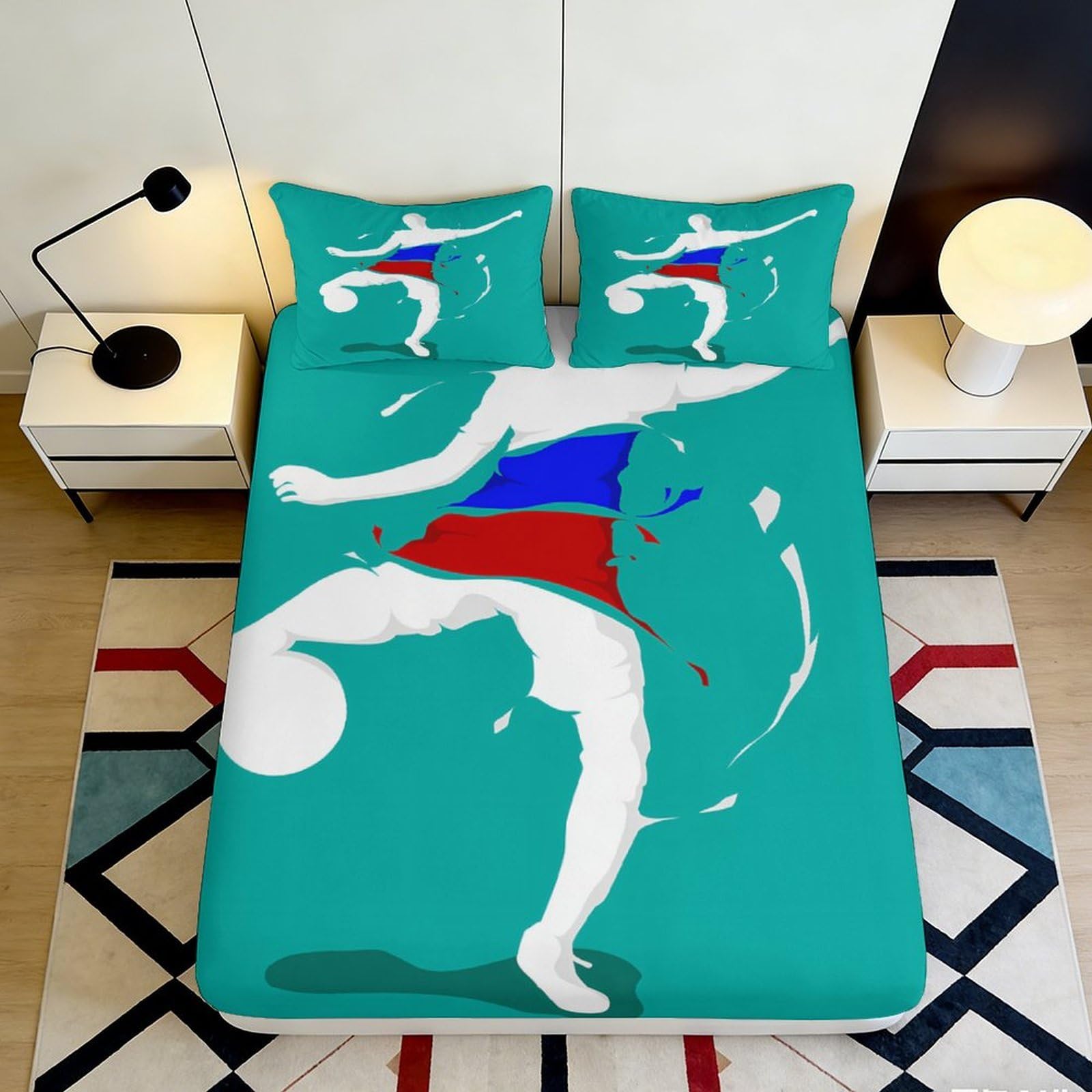 3D Printed Football Player Fitted Sheet Microfiber Breathable Abstract Sports Mattress Cover for Bedroom Guestroom Decor 90x200x25cm