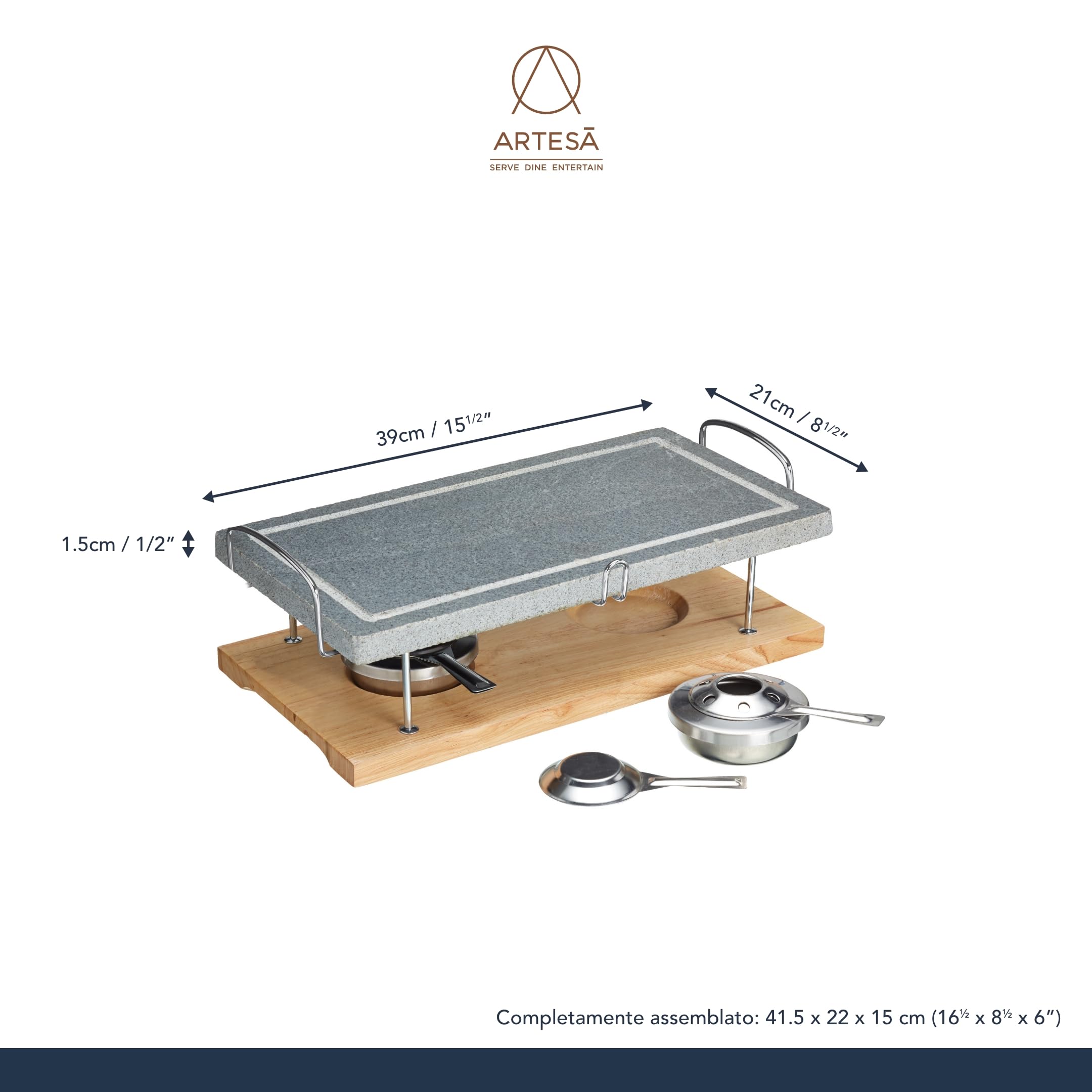 Artesà Hot Stone Grill Da Tavolo in Pietra per Bistecche, Frutti Di Mare E Verdure - Gourmet Grill 41,5 X 22 X 15 cm, Marmo/Legno