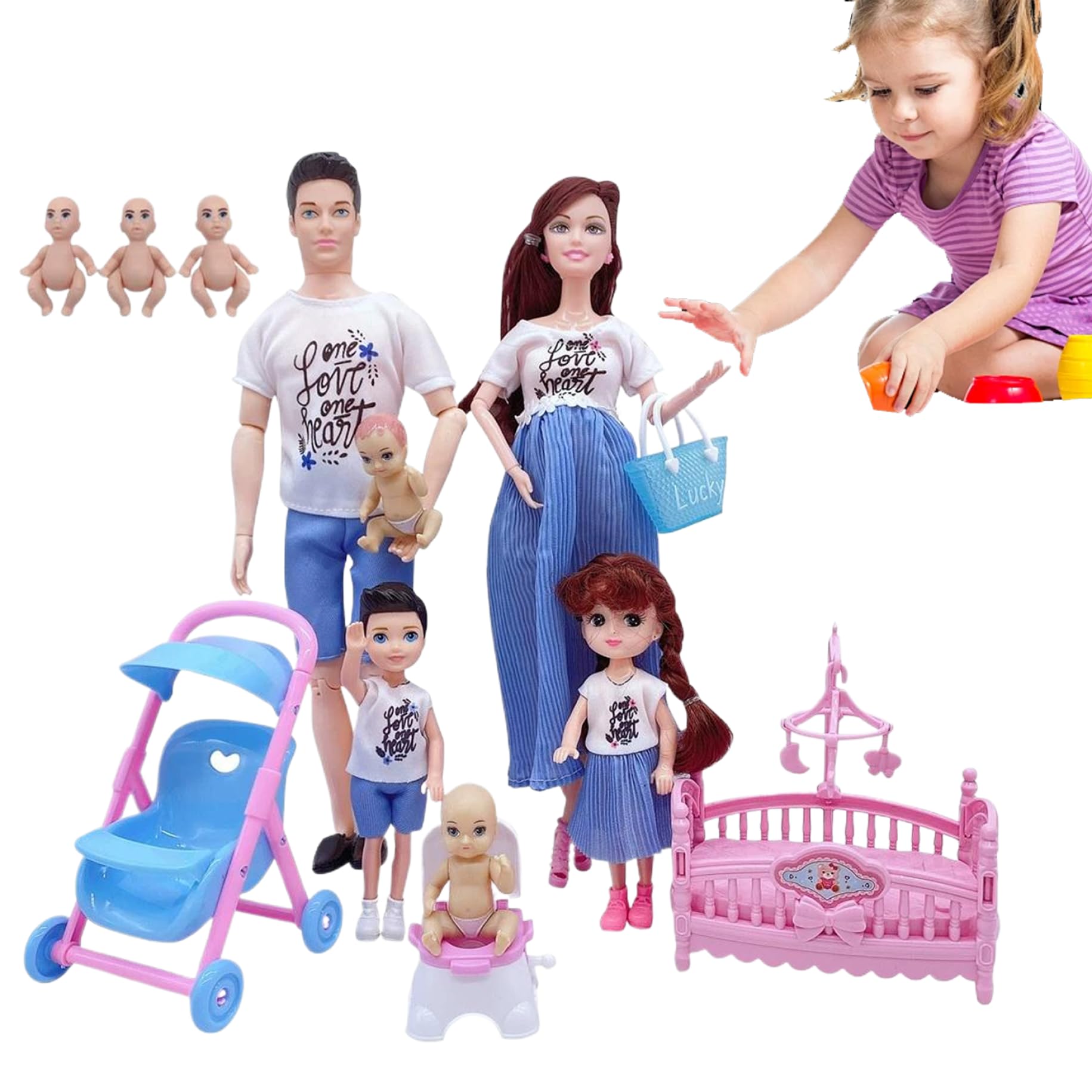Juego de muñecas Familiares, Juego de muñecas seguras para Embarazadas con papá y 3 niños, 5 Personas con Accesorios para casa de, Juguete para de imitación para niños y bebés