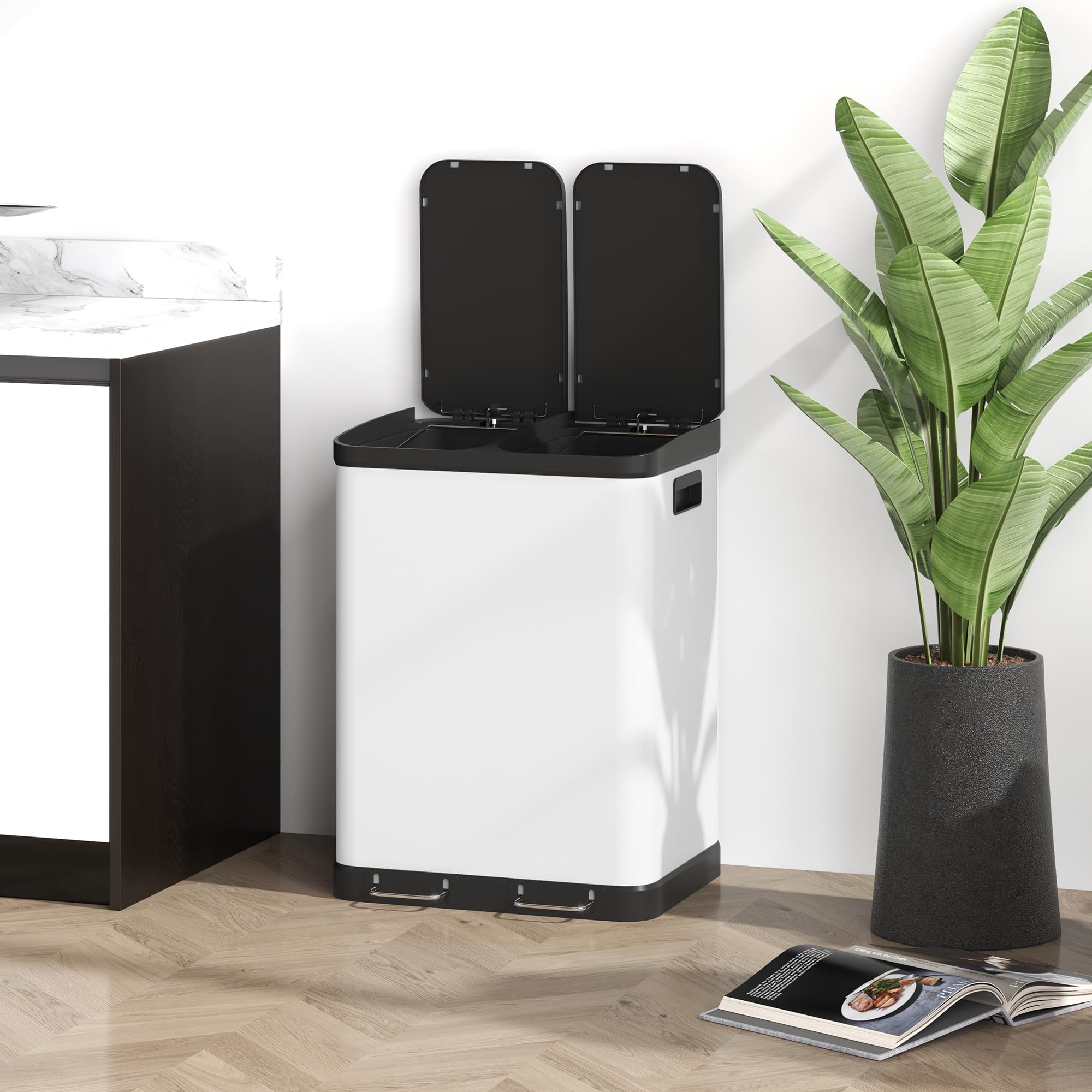 HOMCOM Mülltrennsystem 2 x 30L mit 2 Fächern Softclose-Deckel Metall Weiß | Mülleimer Küche, Abfalleimer Treteimer, Herausnehmbare Inneneimer