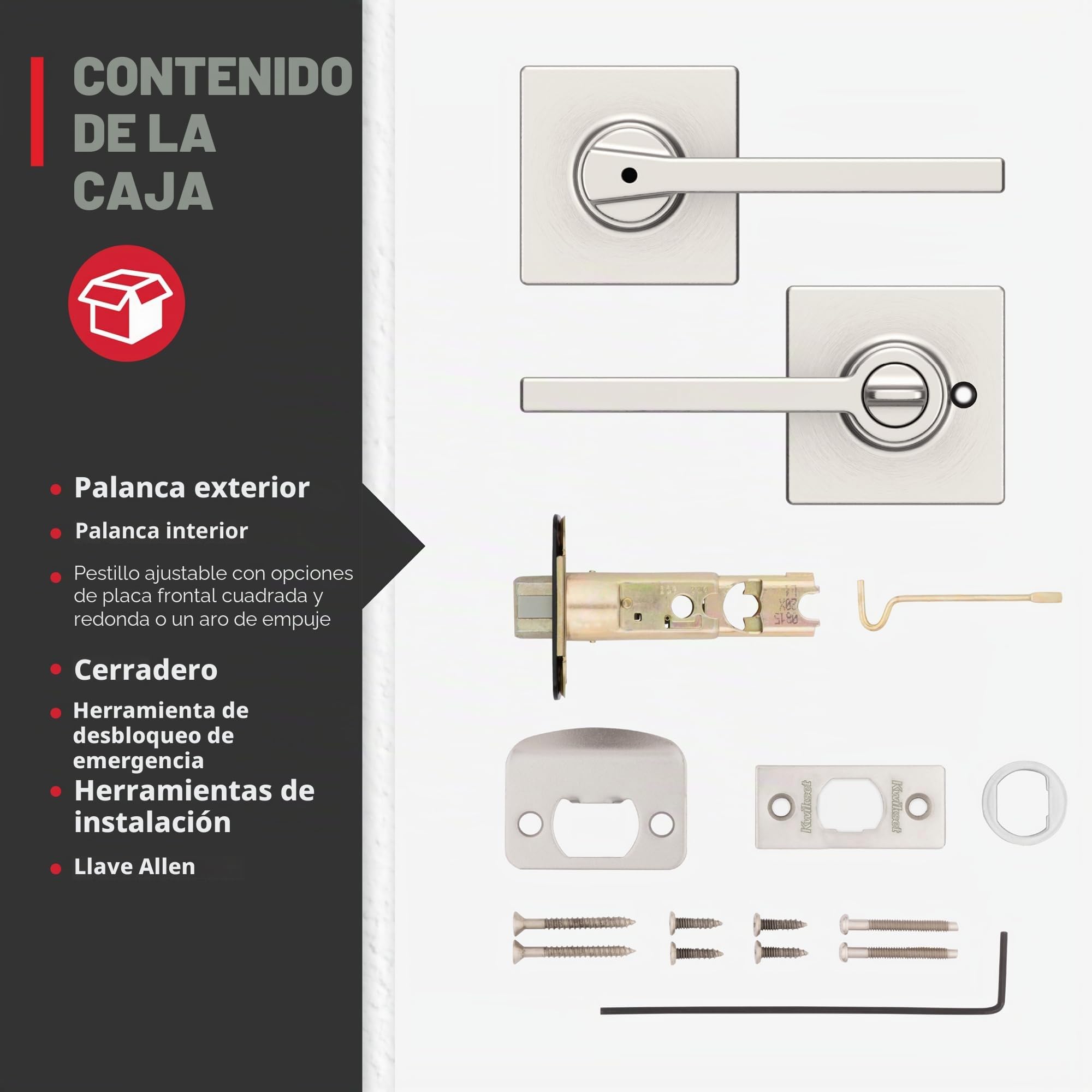 Kwikset Casey - Tirador de puerta interior con cerradura, palanca de puerta para baño y dormitorio, cerradura giratoria reversible sin llave, níquel satinado, con protección Microban
