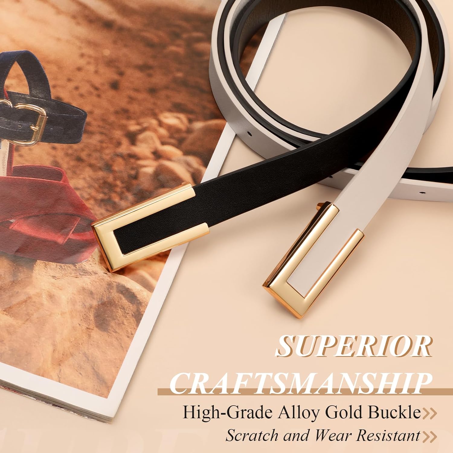 SANSTHS 2 Pack Skinny Leather Belts for Women, Ladies Thin Waist Belt for Dresses Jeans Pants with Gold Buckle - Image 4