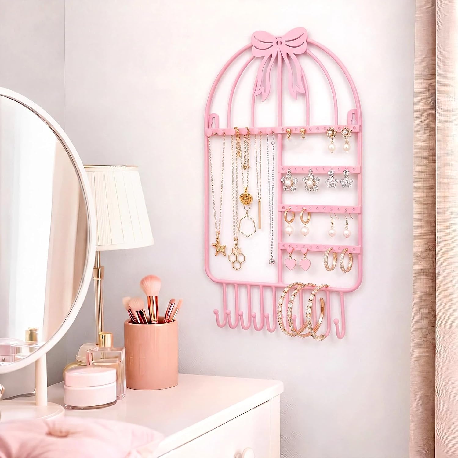 Novabright Pink Necklace Holder Girls Organizer 16 Hooks 48 Stud Holes