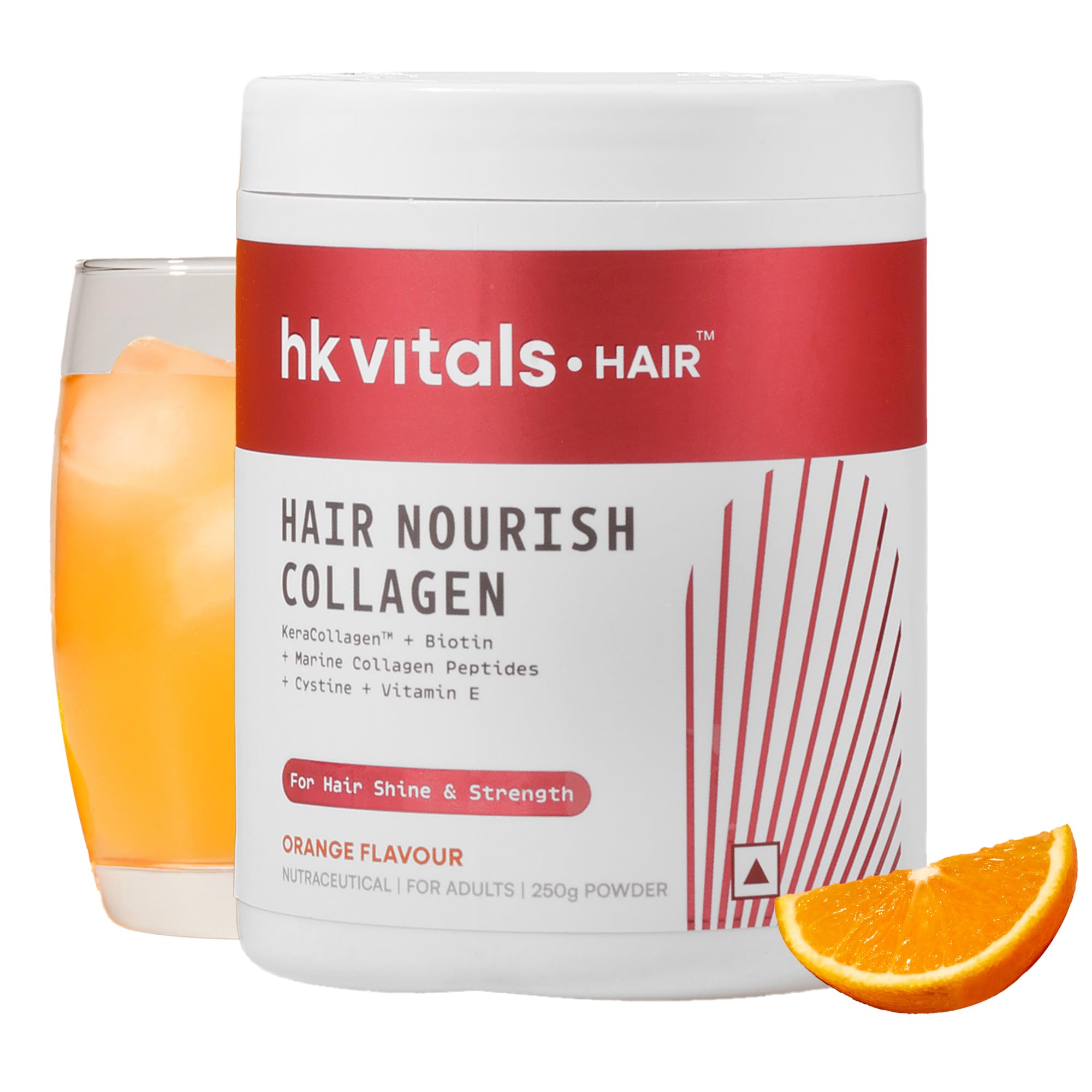 hk vitals Hair Nourish Collagen Supplement Powder (Orange, 250g) | KeraCollagen + Biotin & Marine Collagen Peptides for Hair Shine & Strength