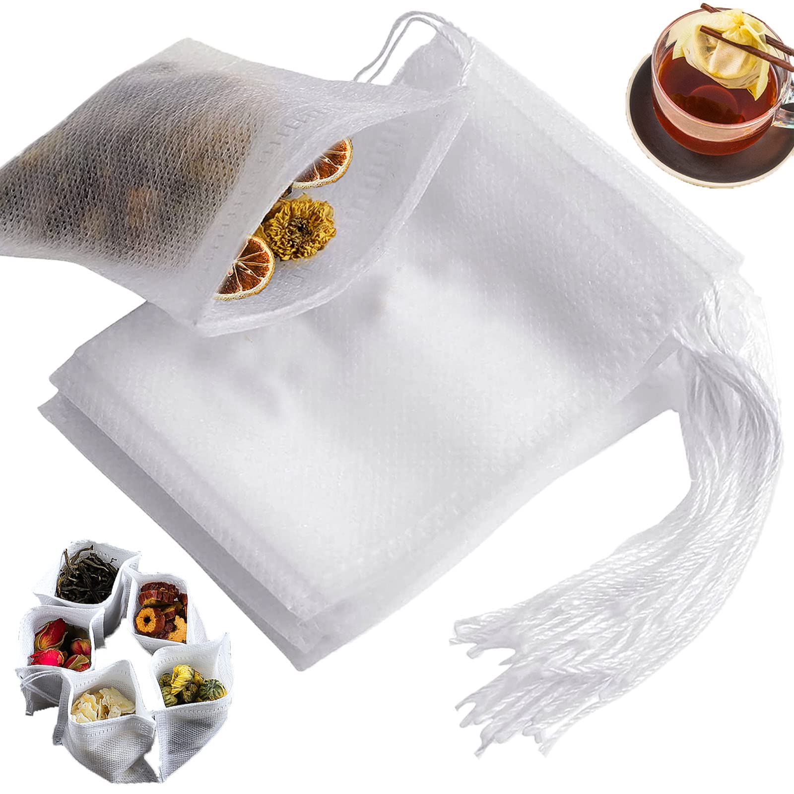 Juformin Disposable Tea Filter Bags, Empty Cotton Drawstring Seal Filter Tea, Food Grade Non-Woven Tea Infuser, for Leaf Tea Coffee, Medicine and Soup (100 PCS, 3.15x3.94 Inches)