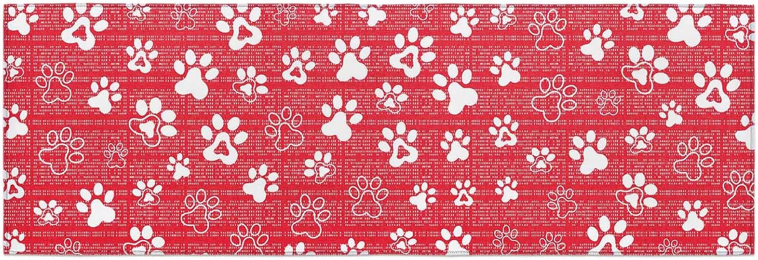 Teamery Kitchen Mats for Floor White Dog Paw Claws Washable Non Slip Kitchen Rugs 1PCS, Red Plaid Background Absorbent Standing Mats for Sink Bathroom Office Living Room 15.7x47.2in