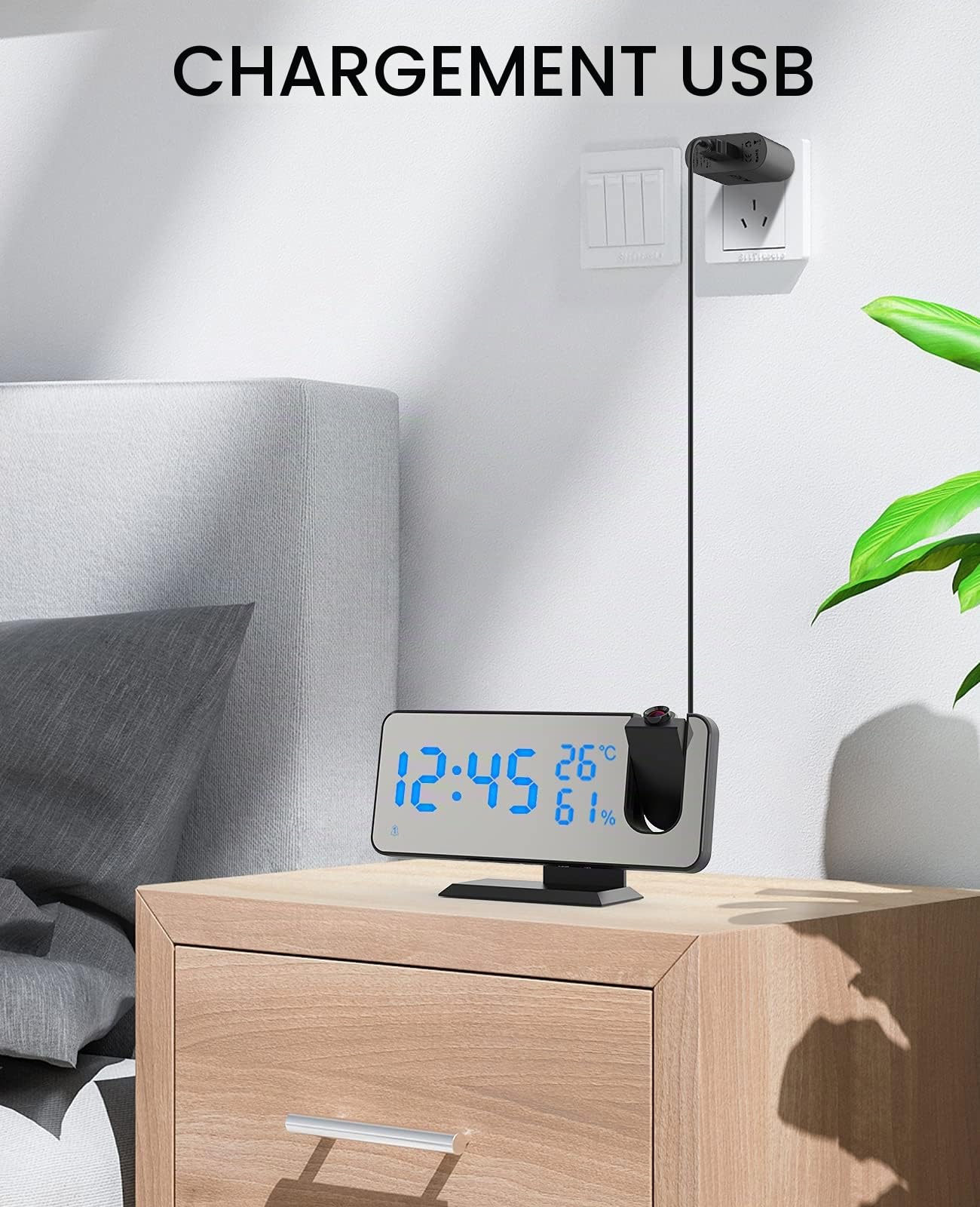 ShinePick Reveil Projecteur Plafond, FM Radio Reveil Projection 180°, Horloge Digitale Numérique avec 7' LED Écran Miroir, Port de USB, Double Alarme, Snooze, 4 Niveaux de Luminosité, 12/24H