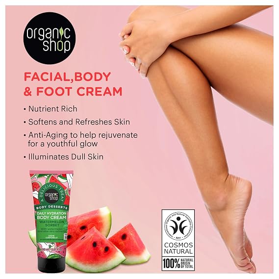 Organic Shop Watermelon & Aloe Vera Extract Deep Hydration Body Cream, 100% Vegan & Organic, Daily Moisturizer, Body, Face, Hand & Foot Natural Lotion, Intensive Care & Skin Hydration. 150ml