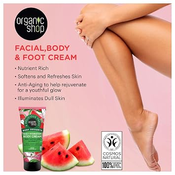 Organic Shop Watermelon & Aloe Vera Extract Deep Hydration Body Cream, 100% Vegan & Organic, Daily Moisturizer, Body, Face, Hand & Foot Natural Lotion, Intensive Care & Skin Hydration. 150ml