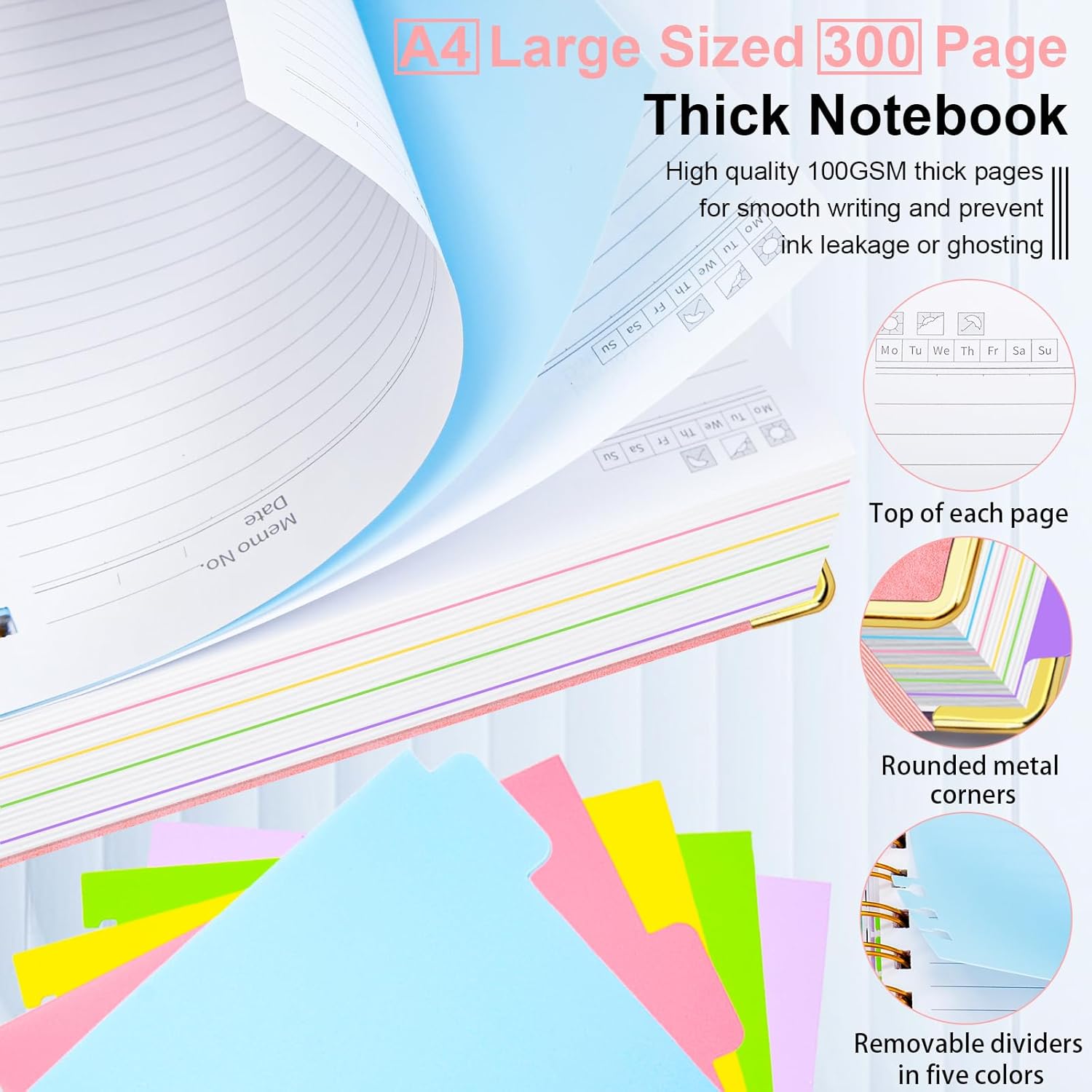 Hardcover Spiral Notebook 8.5"x11" Journal Notebook with Tabs and Removable Dividers 300 Pages 5 Subject Notebook College Ruled, Faux Leather Spiral Bound Notebook for Women School Work(Pink)