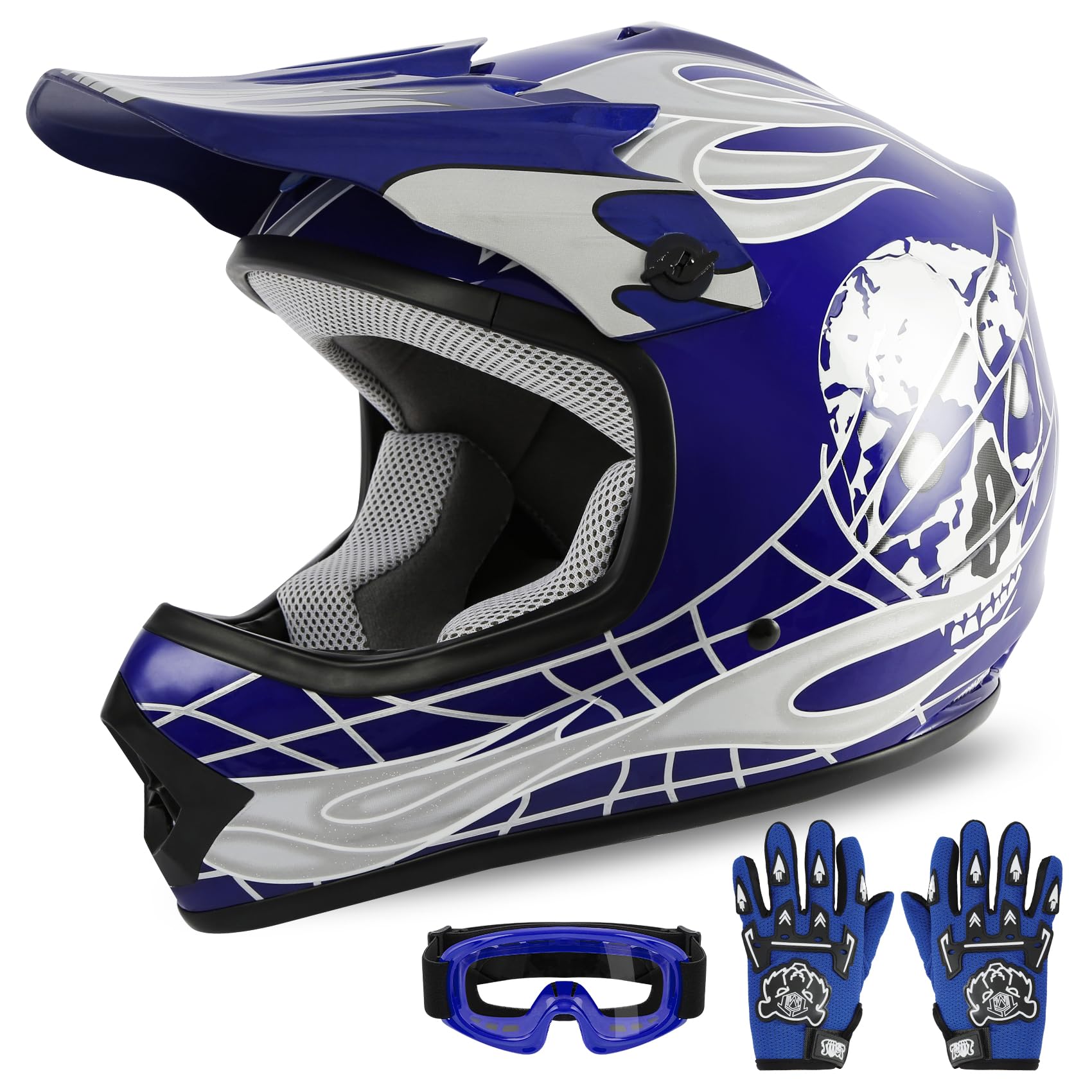 XFMT DOT Youth Kids Dirt Bike Helmet Full Face Motocross Helmets for Off-Road ATV Street Bike Four Wheeler Motorcycle with Goggles & Gloves, Blue Skull Large