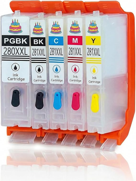 PGI-280XL CLI-281XL Empty Refillable Ink Cartridges (5-Pack) With Permanent Chips - Compatible With Canon Pixma TR7520, TR8520, TR8620, TS6120, TS6220, TS6320, TS702, TS9520, TS9521C - Reusable