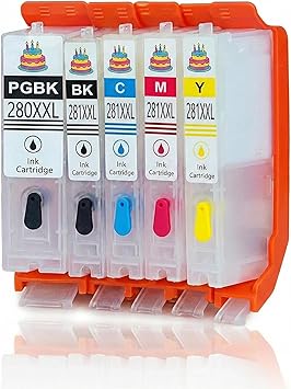 PGI-280XL CLI-281XL Empty Refillable Ink Cartridges 5-Pack with Permanent Chips - Compatible with Canon Pixma TR7520, TR8520, TR8620, TS6120, TS6220, TS6320, TS702, TS9520, TS9521C - Reusable