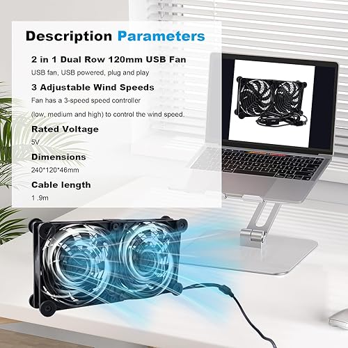 Miniatura 10 de NewHail Paquete de 1 ventilador USB de 4.724 in, rodamientos de doble bola, ventilador USB de 4.7 in, 5 V, con controlador de velocidad de 3 grados