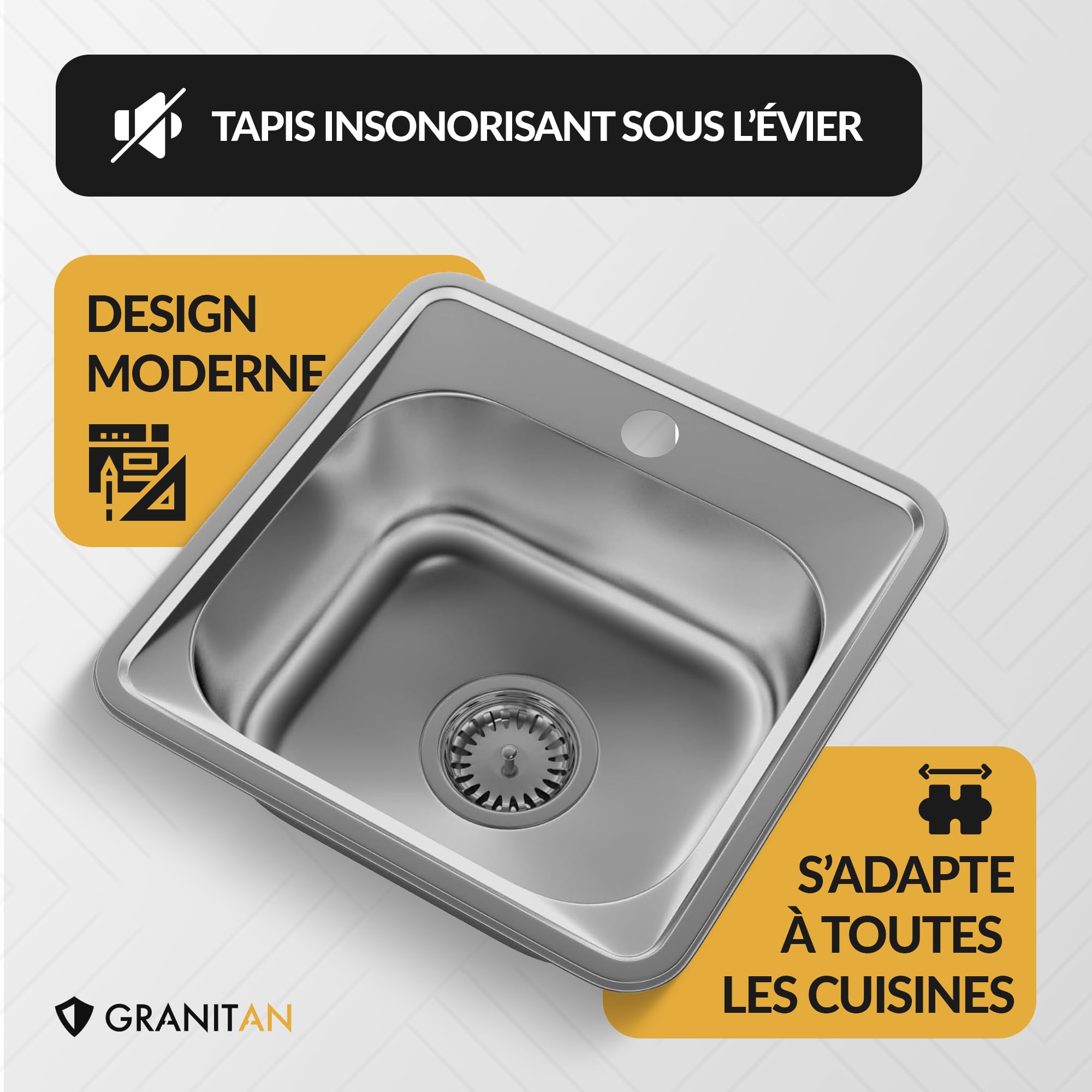 Évier de Cuisine en Acier Inoxydable 38x38 cm avec Siphon - Trou Robinet ⌀ 92 mm - Facile à Encastrer - Satin - GRANITAN