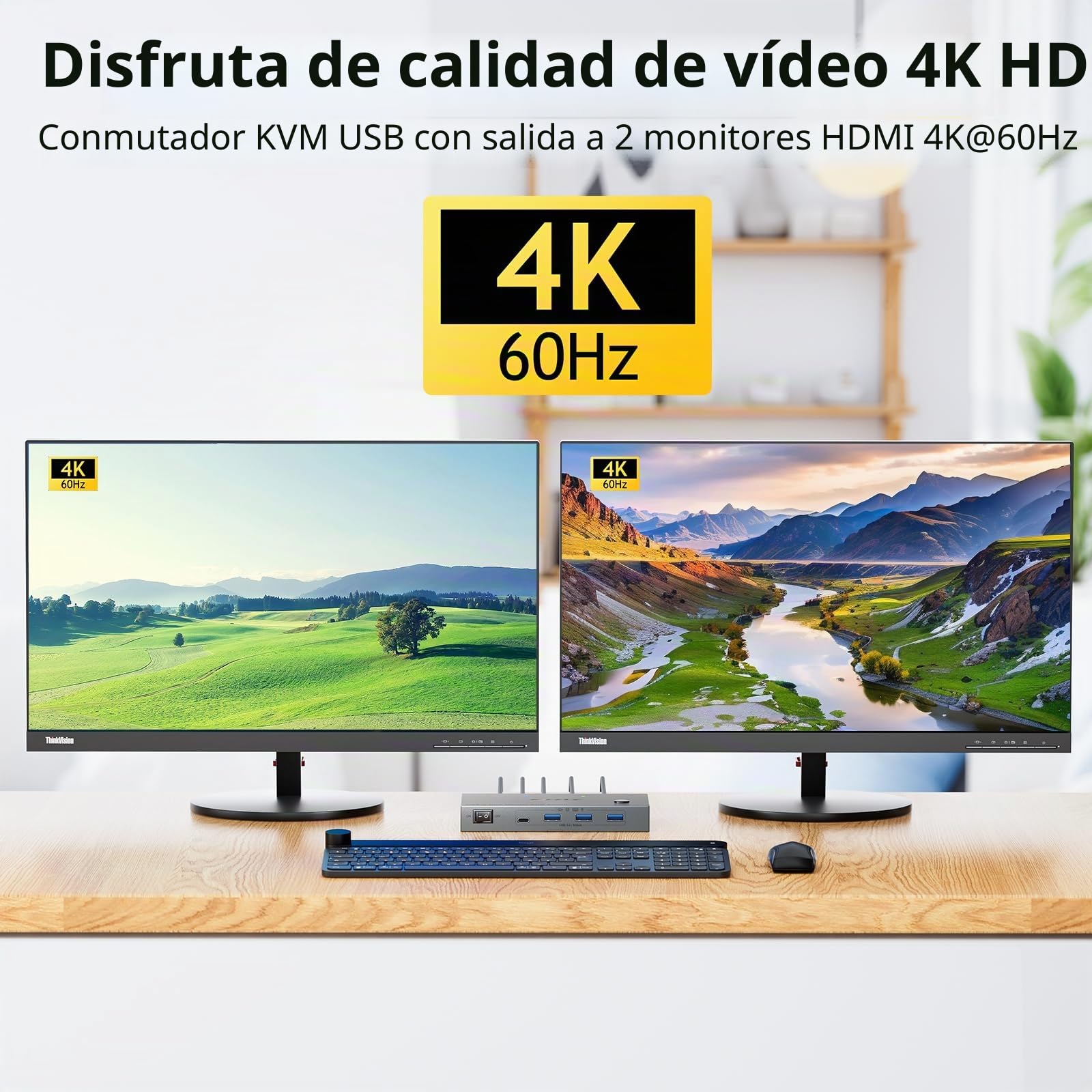 KVM Switch 2 PC 2 Monitores USB C HDMI, USB 3.0 KVM Switch Dual Monitor HDMI 4K@60Hz para 2 Laptops, MST, 80W PD, Wired Remote(4K USB-C HD 2 in 2 out)