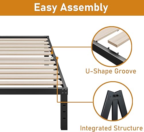 Miniatura 6 de Cleaniago Marco de cama de metal tamaño individual XL, soporte de listones de madera, 14 pulgadas de alto, no necesita somier, soporte resistente de