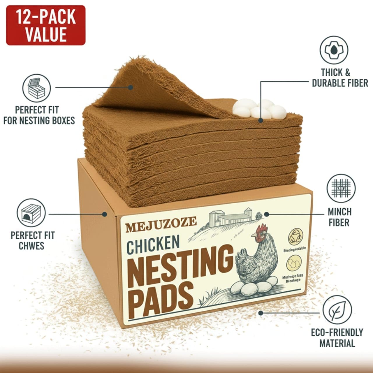 Chicken Nesting Pads – 12 Pack 13x13 Aspen Excelsior Nest Box Liners for Chicken Coop – Natural Chicken Coop Bedding, Egg Protection Pads, Dust-Free Nesting Box Bedding for Laying Hens