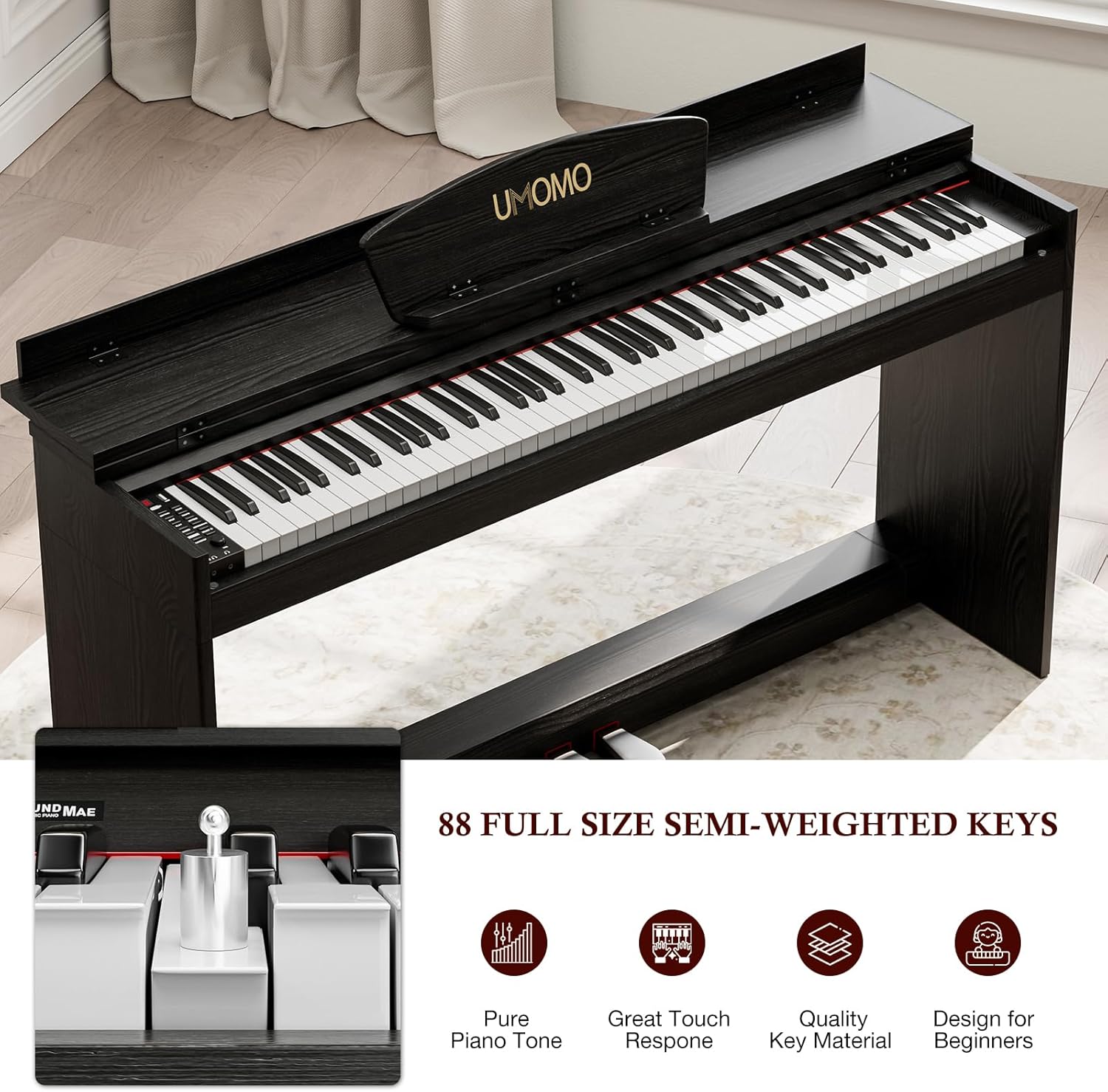 UMOMO 88 Key Digital Piano Keyboard with Piano Stand, Full Size Electric Piano, Headphone Jack, 3 Pedal, Electronic Piano for Beginner, Adults, Black