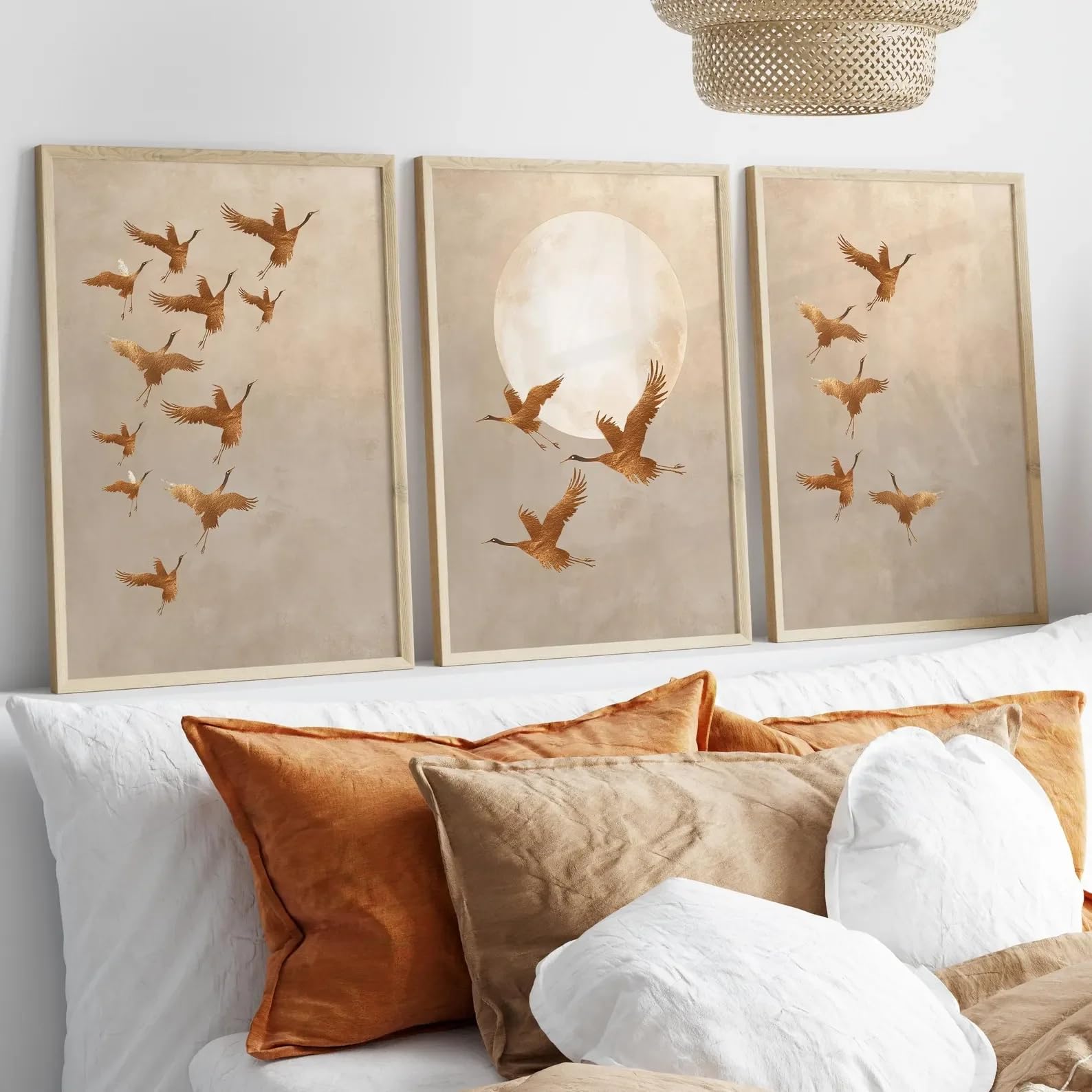 LTjiajuypd Golden Cranes Japanese Poster Beige Minimalist Wall Art Vintage Style Set Art Prints Canvas Paintings for Room Decor(50x75cm-3Pcs)