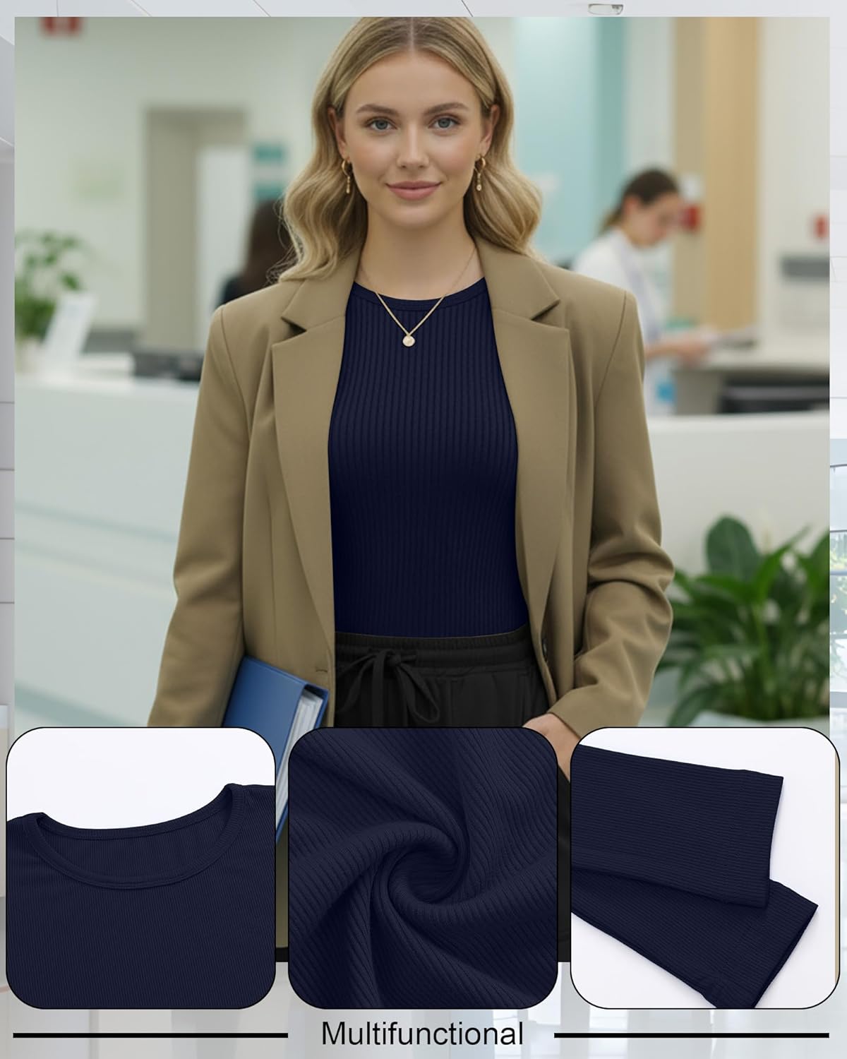 4 Pack Women's Underscrub Shirts Long Sleeve Ribbed Crewneck Tops Slim Fit Soft Cotton Undershirts for Nurse