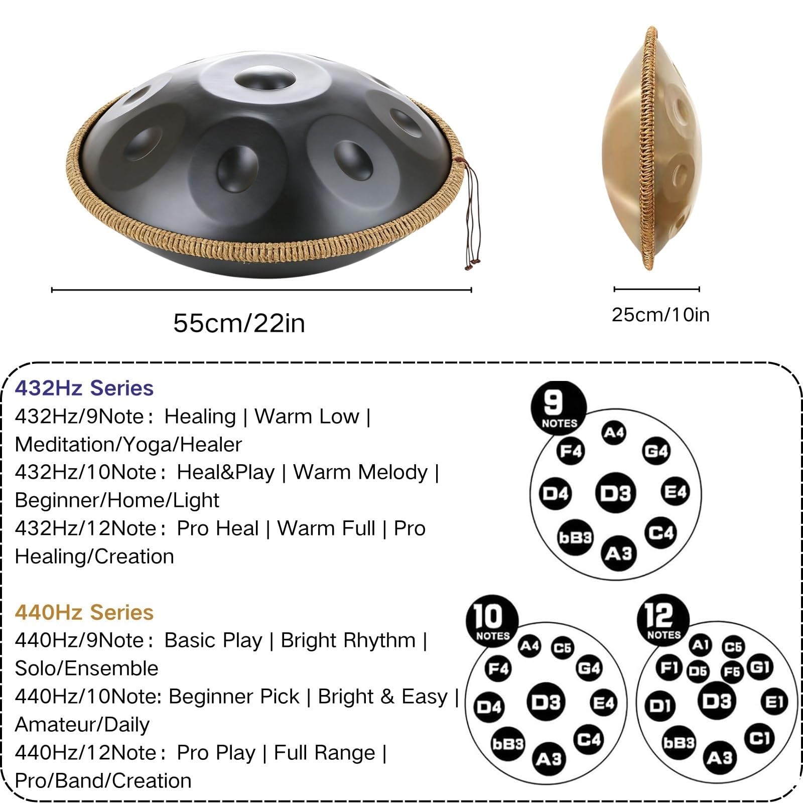 Tambour En Acier - 9/10/12 Notes En Ré Mineur Kurde Instrument De Tambour Handpan, 432/440 Hz, Instruments De Musique À Percussion Ensemble De Tambour À Main(Dark purple,440HZ/9Note)
