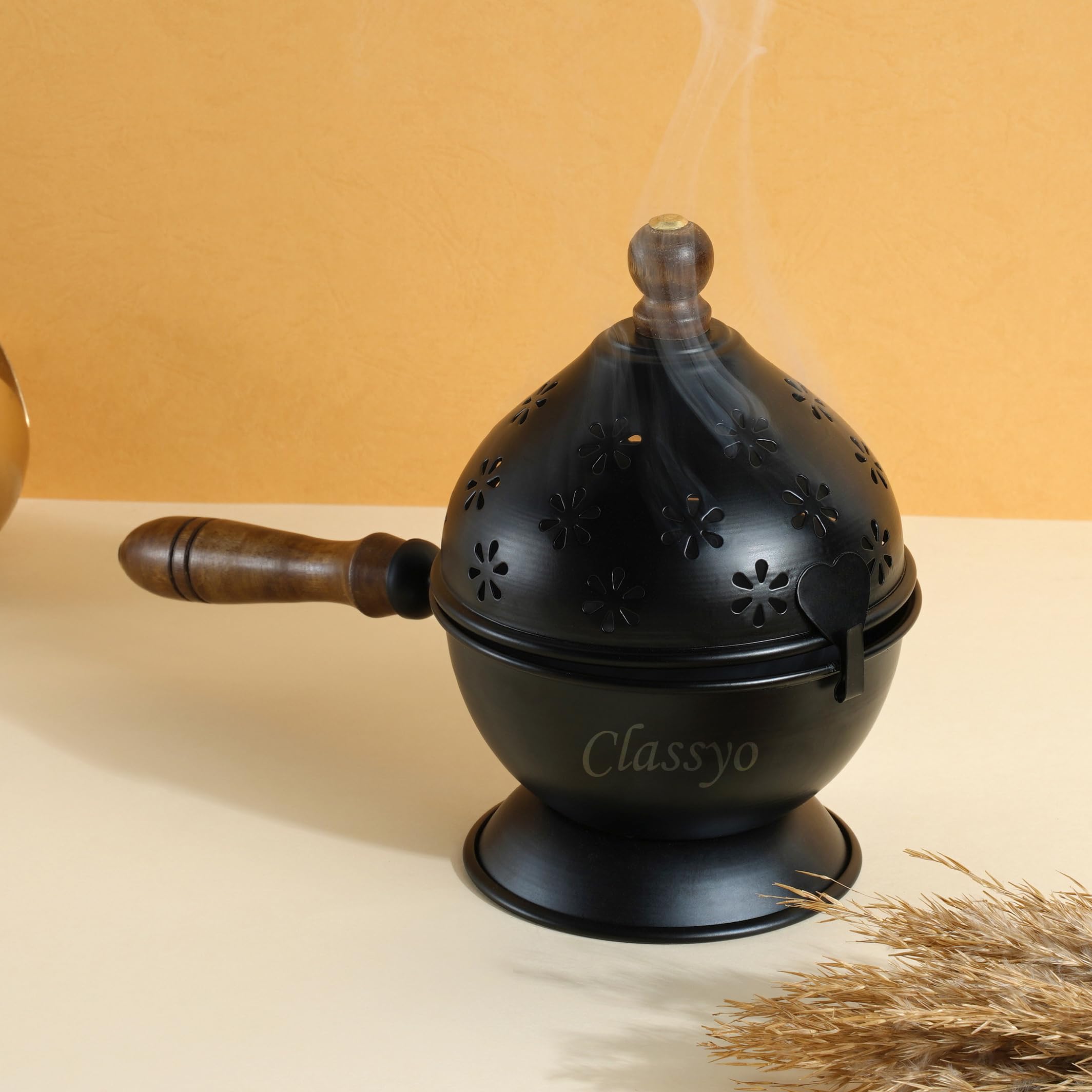 Classyo Metal Dhoop Holder with Wooden Handle | Dhup Dani Loban Burner | Doopam Sambrani Holder | Sambrani Dhoop Stand for Puja | Loban Dhuni Burner (Round, 4.5 Inch)-image-20