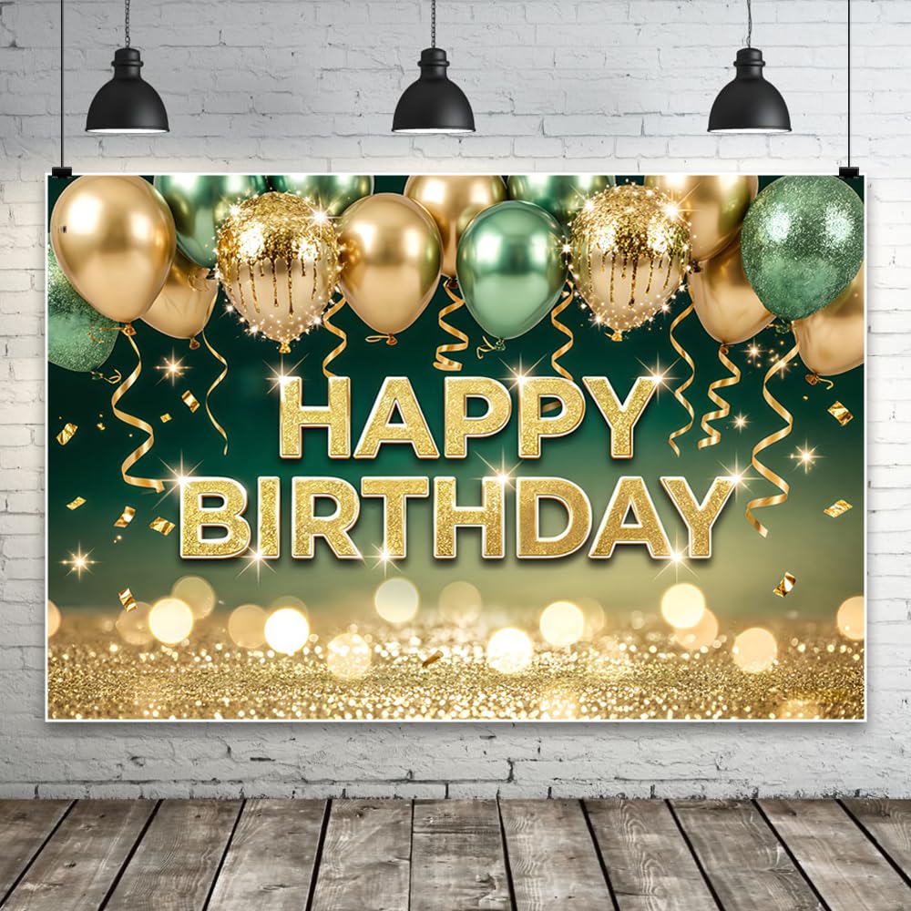 3,6x1,8 m Zielony i złoty baner w tle z okazji urodzin zielony błyszczący balon akcesoria do tła fotograficznego dla kobiet mężczyzn dzieci dekoracje na przyjęcie urodzinowe