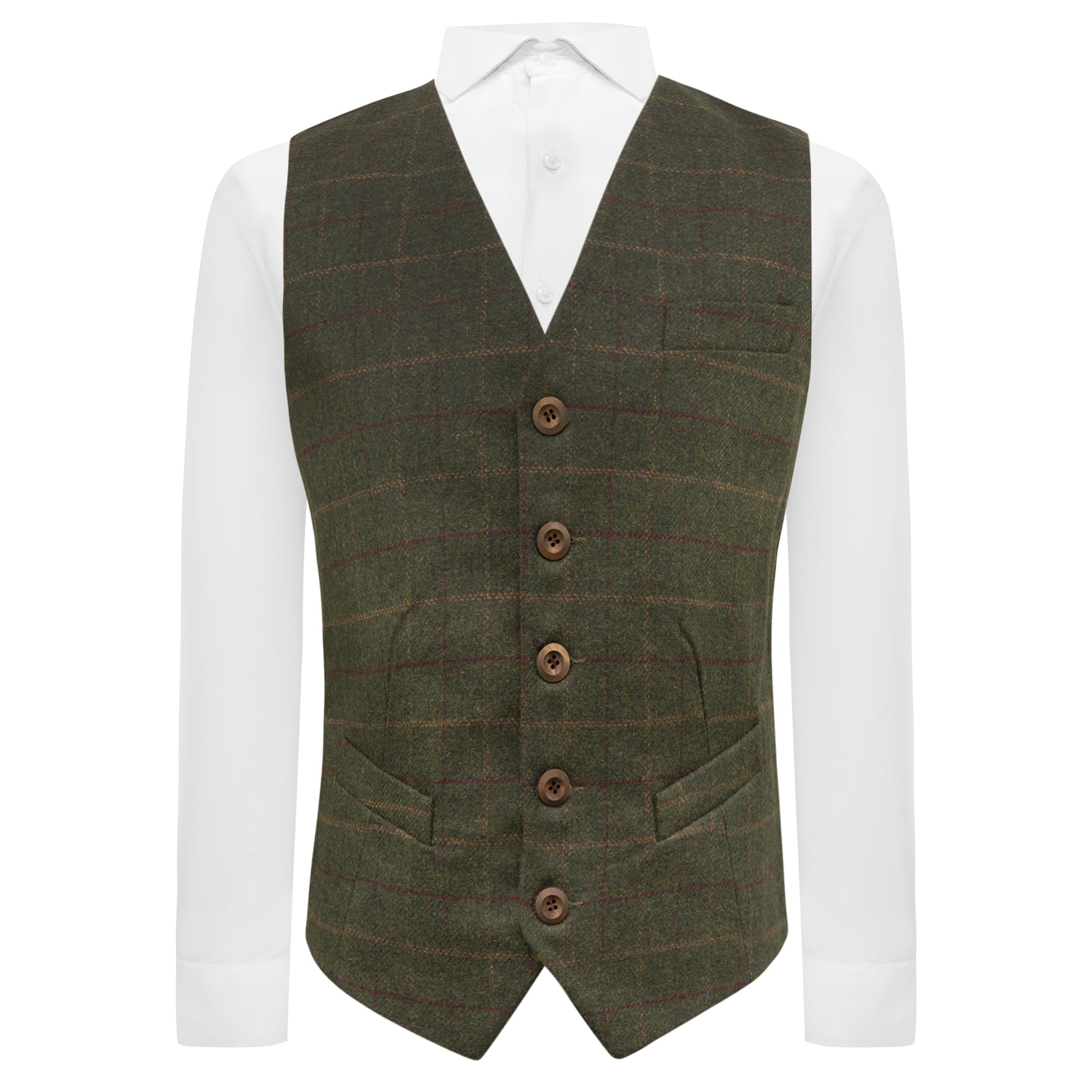 King & Priory Men's Heritage Check Moss Green Waistcoat, Tweed, Tailored Fit (S)