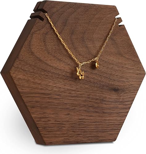 GemeShou Wood Necklace Display Stand, Walnut Hexagon Board Jewelry Holder for Show, Hanging Long Necklace Retail Jewelry organizerHexagon Necklace