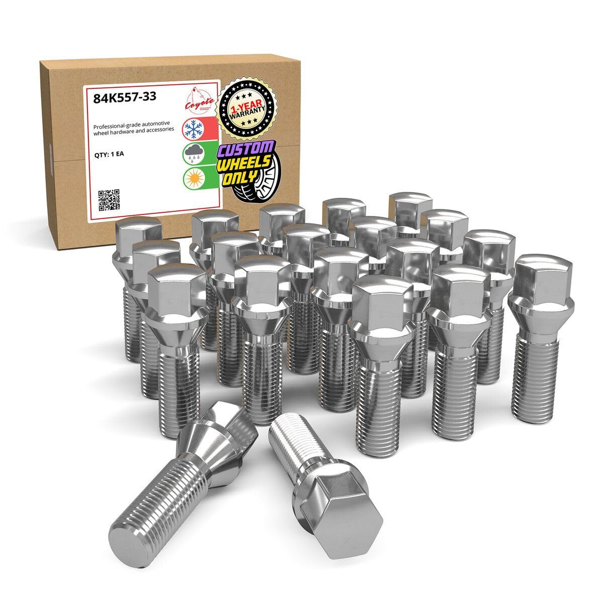 Wheel Accessories Parts 20 Pcs Lug Bolt Set M14 x 1.25 14x1.25 Thread Acorn Seat Lug Bolts Chrome Finish 33mm Shank Length 17mm Hex fits BMW 3, 4, 5, 7, 8 Series, M2, M4, M5, M8, X5, X6, X7