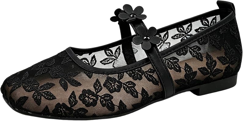 Women's Lace Mesh Ballet Flats Shoes Square Closed Toe Breathable Summer Ballerina Flats Floral Embroidery Comfortable Casual Work Elegant Bow Dress Mary Jane Shoes for Women Footwear