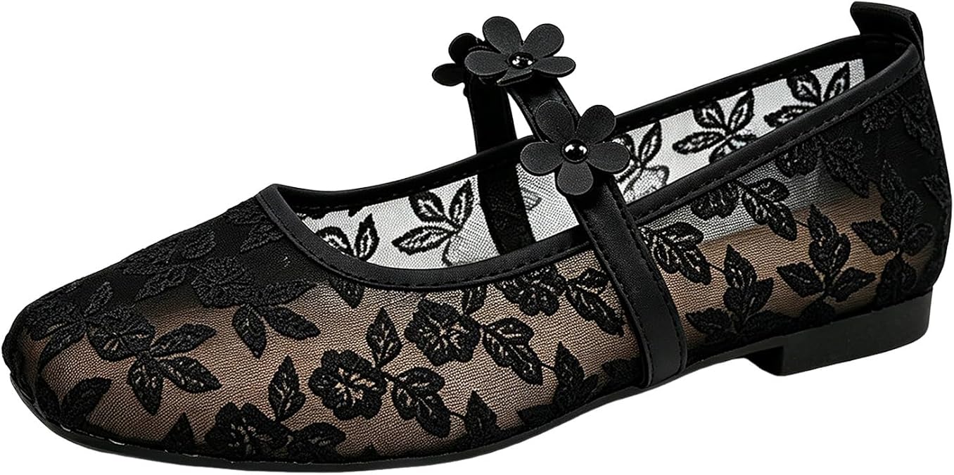 Women's Lace Mesh Ballet Flats Shoes Square Closed Toe Breathable Summer Ballerina Flats Floral Embroidery Comfortable Casual Work Elegant Bow Dress Mary Jane Shoes for Women Footwear