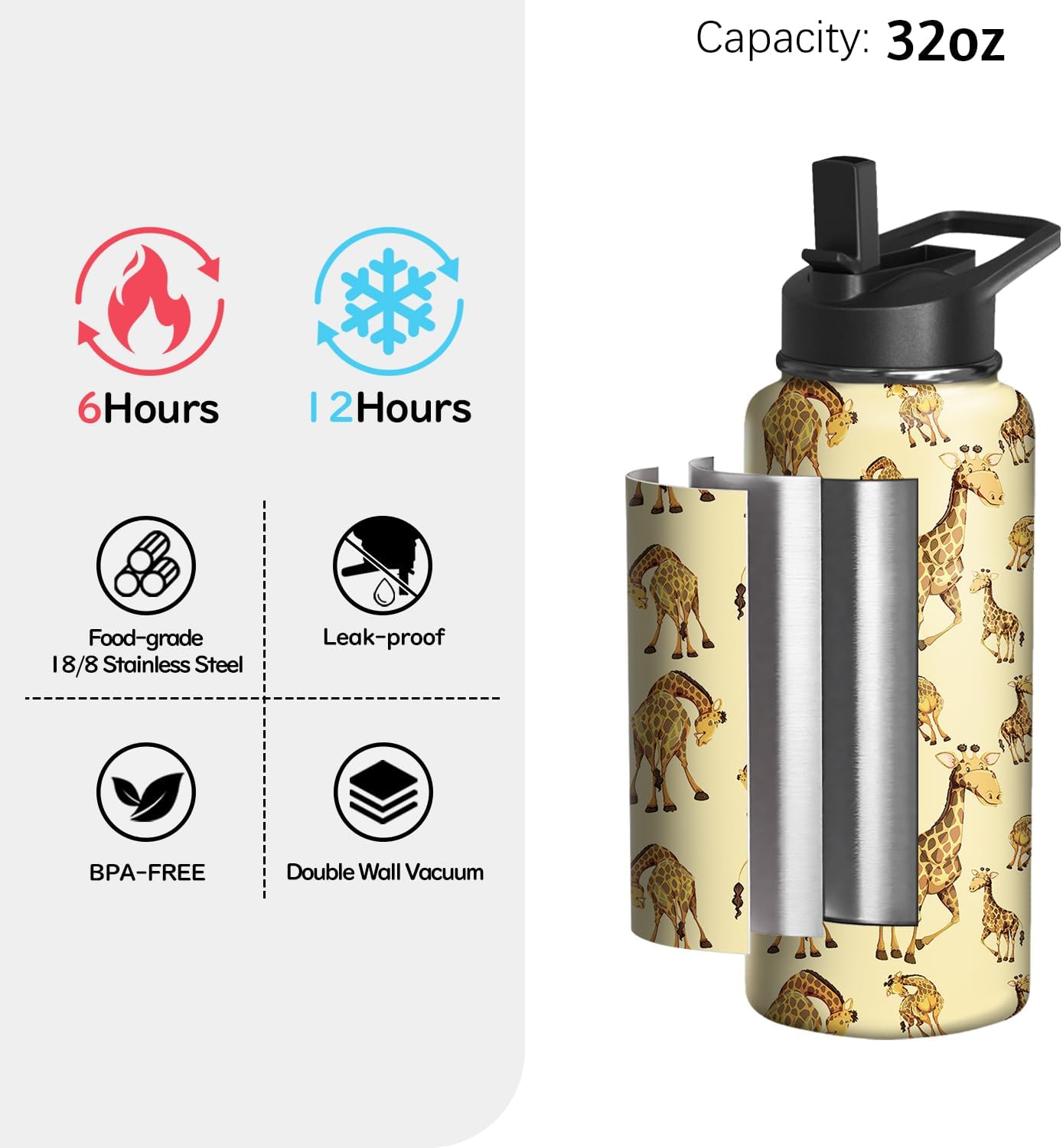 32oz Giraffe Lovers Water Bottle with Handle and Flip Straw, Giraffe Sports Stainless Steel Insulated Cup Travel Coffee Mug Tumbler, Birthday Mothers Day Chritmas Gifts for Women
