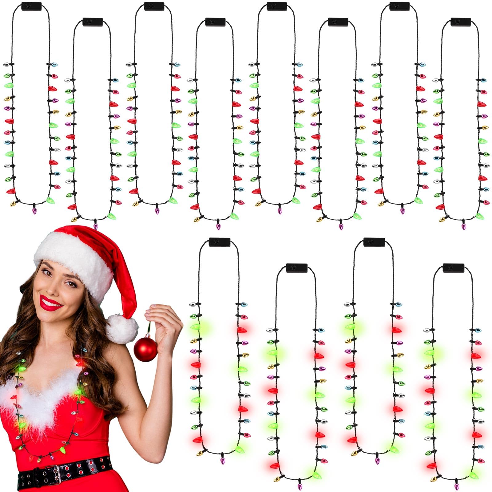 Remuuly 12 Pcs Christmas Light Necklaces 35 Inch LED Light-Up Necklace Christmas Party Favors Accessories with 3 Modes Mini Bulbs for Kids Girls