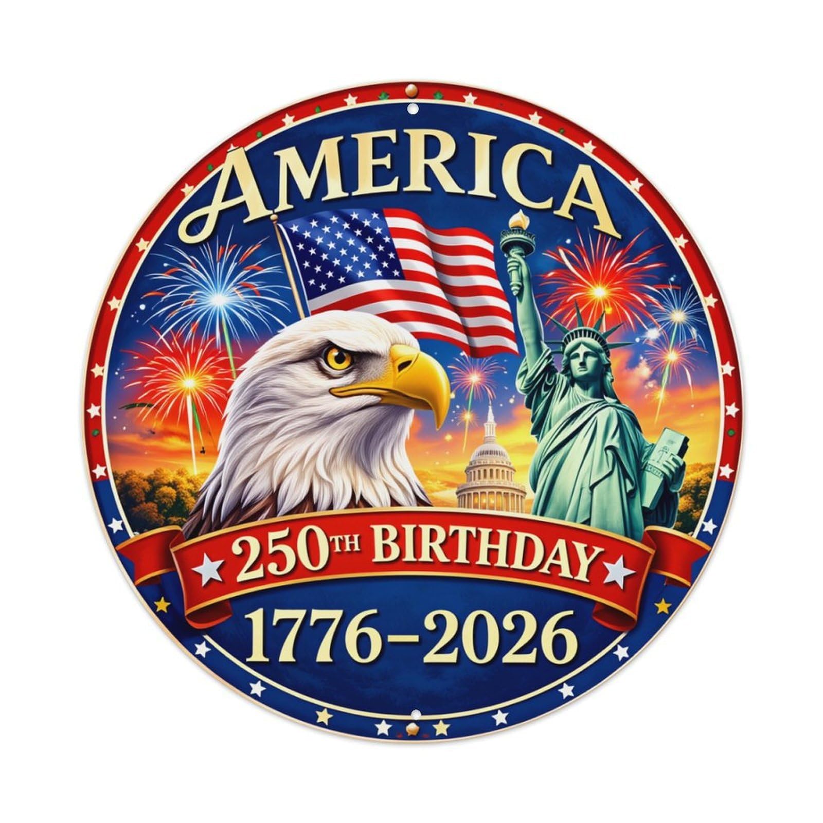 America Eagle Flag Statue Fireworks Round Tin Sign Retro Metal Sign for Cafe Bar Pub Home Game Room Gym Club Wall Decoration Vintage Metal Poster 8x8 Inch