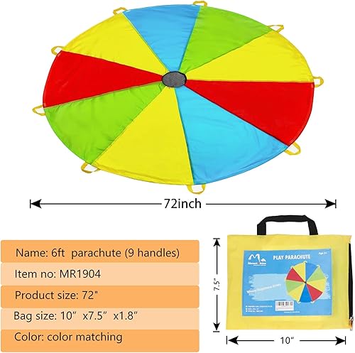 Miniatura 3 de MountRhino - Paracaídas para niños paracaídas con asas - Paracaídas multicolor para niños paracaídas para juegos de interior y exterior Rainbow 6ft