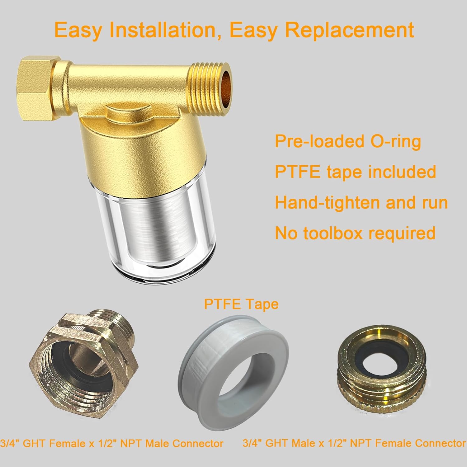 40 Micron Brass Sediment Filter, Inline Spin Down Sediment Water Filter for Washer, Washing Machine, Shower, Garden Hose, Well Water, Anti Clogging & Reusable with Pipe Sealant Tape - Image 4