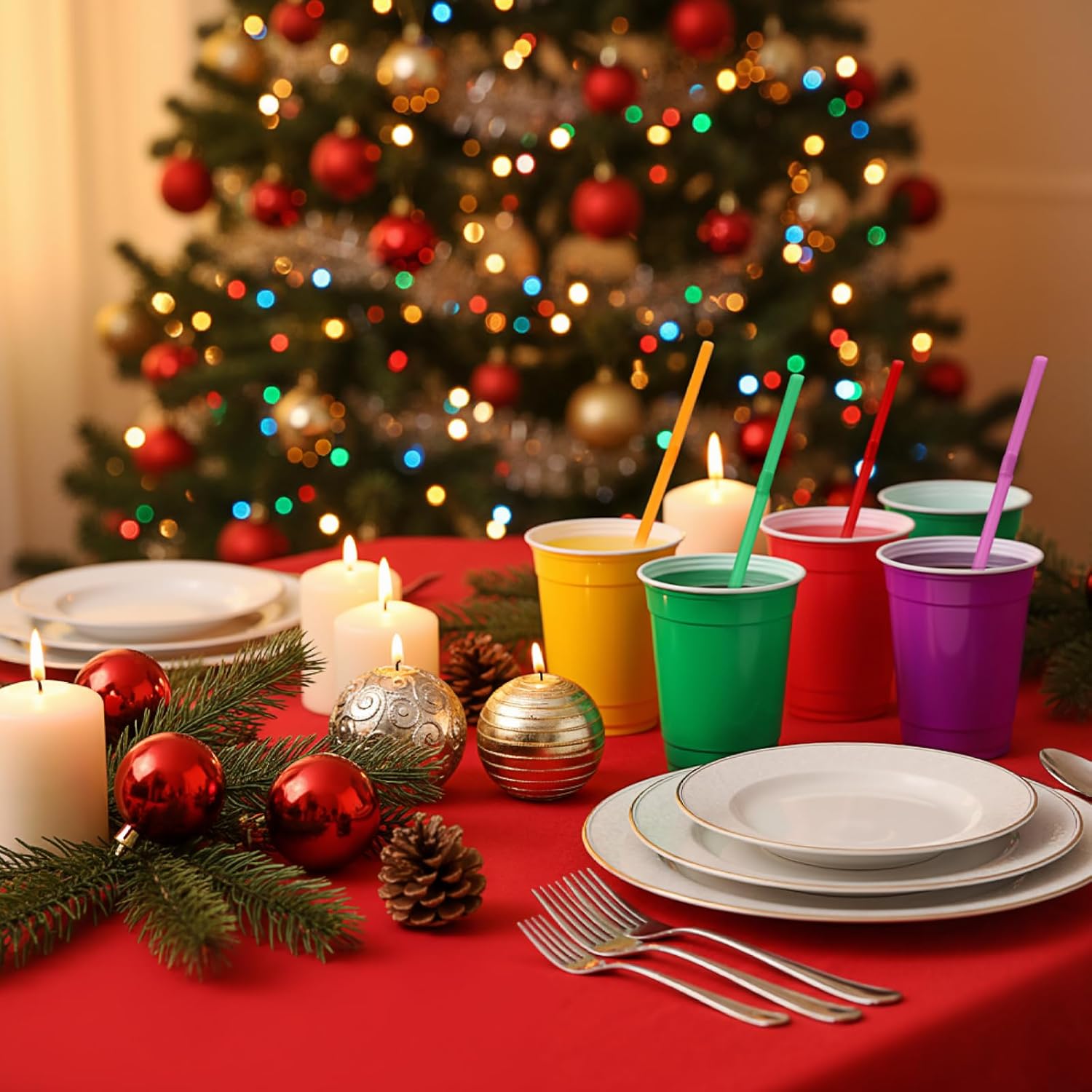 Vesici 100 Pcs Assorted Color Disposable Plastic Cups 12oz with 100 Pcs Flexible Plastic Straws Colorful for Thanksgiving Christmas New Year Birthday Wedding Party - Image 4