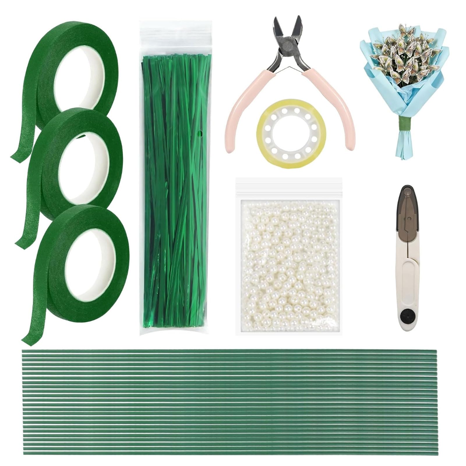 DIY-Set pour artisanat floral fait main, inclus perles ABS, fil métallique, tiges florales de 2 mm de diamètre, ciseaux, pince ruban adhésif vert pour débutants et fleuristes professionnels