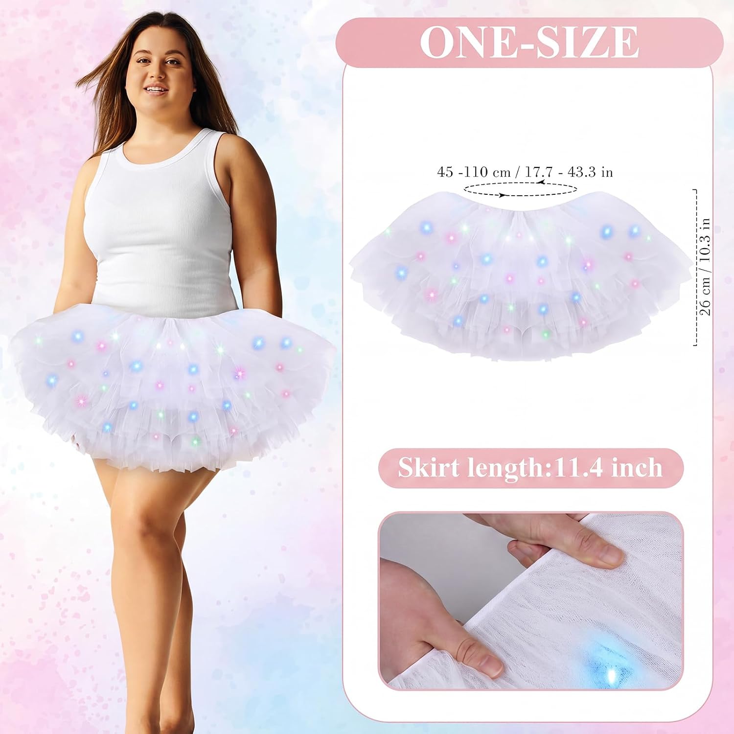 Shihanee Plus Size LED Tutu Skirts Light up Tutus 5 Layered Neon Ballet Dance Skirt for Women 80's Party Costume Glitter