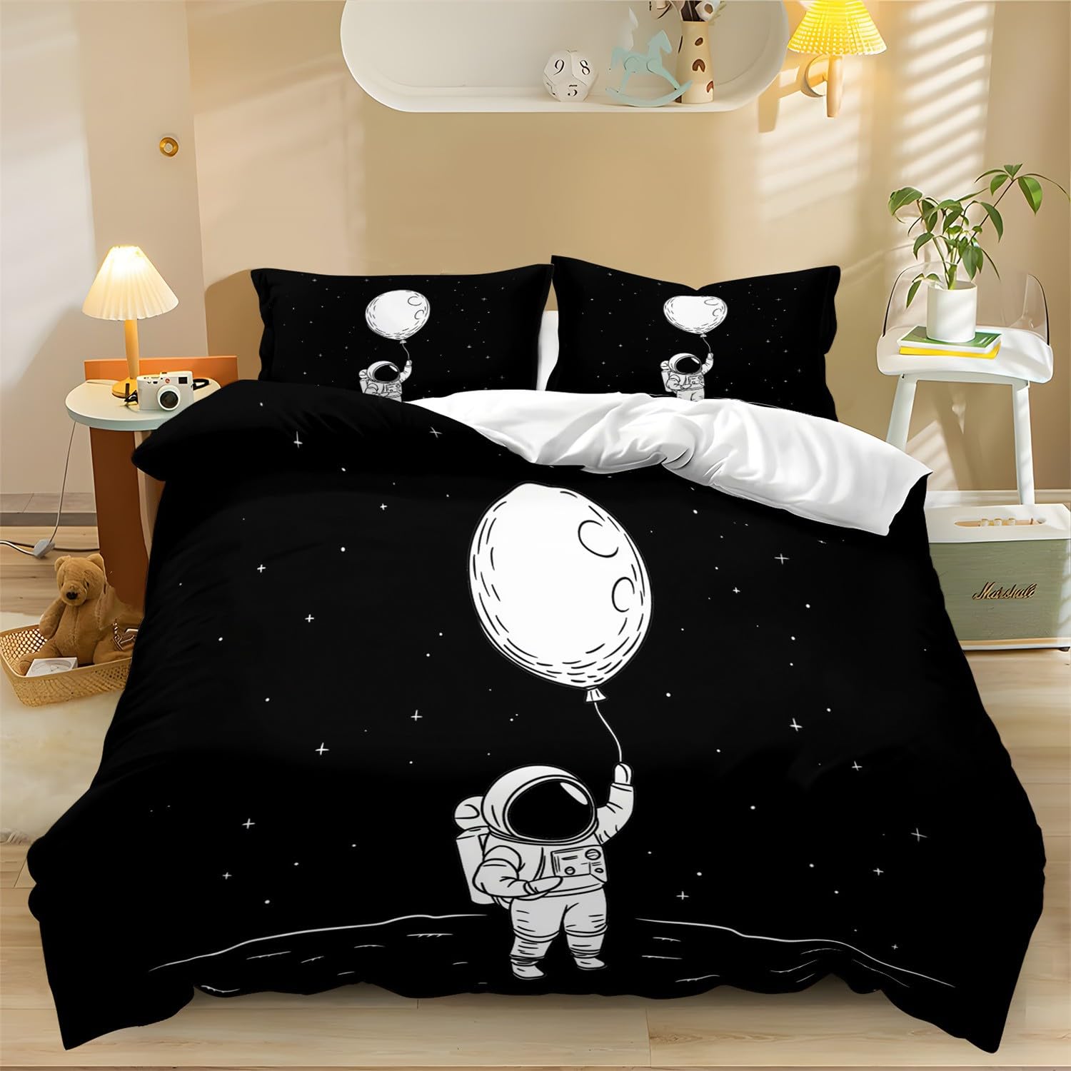 Printed Duvet Cover Double Cartoon Line Drawing Astronaut Breathable Quilt Covers Black And White Sets 3 pcs with Zipper Closure + 2 Pillowcases Ultra Soft Hypoallergenic Microfiber Quilt Cover