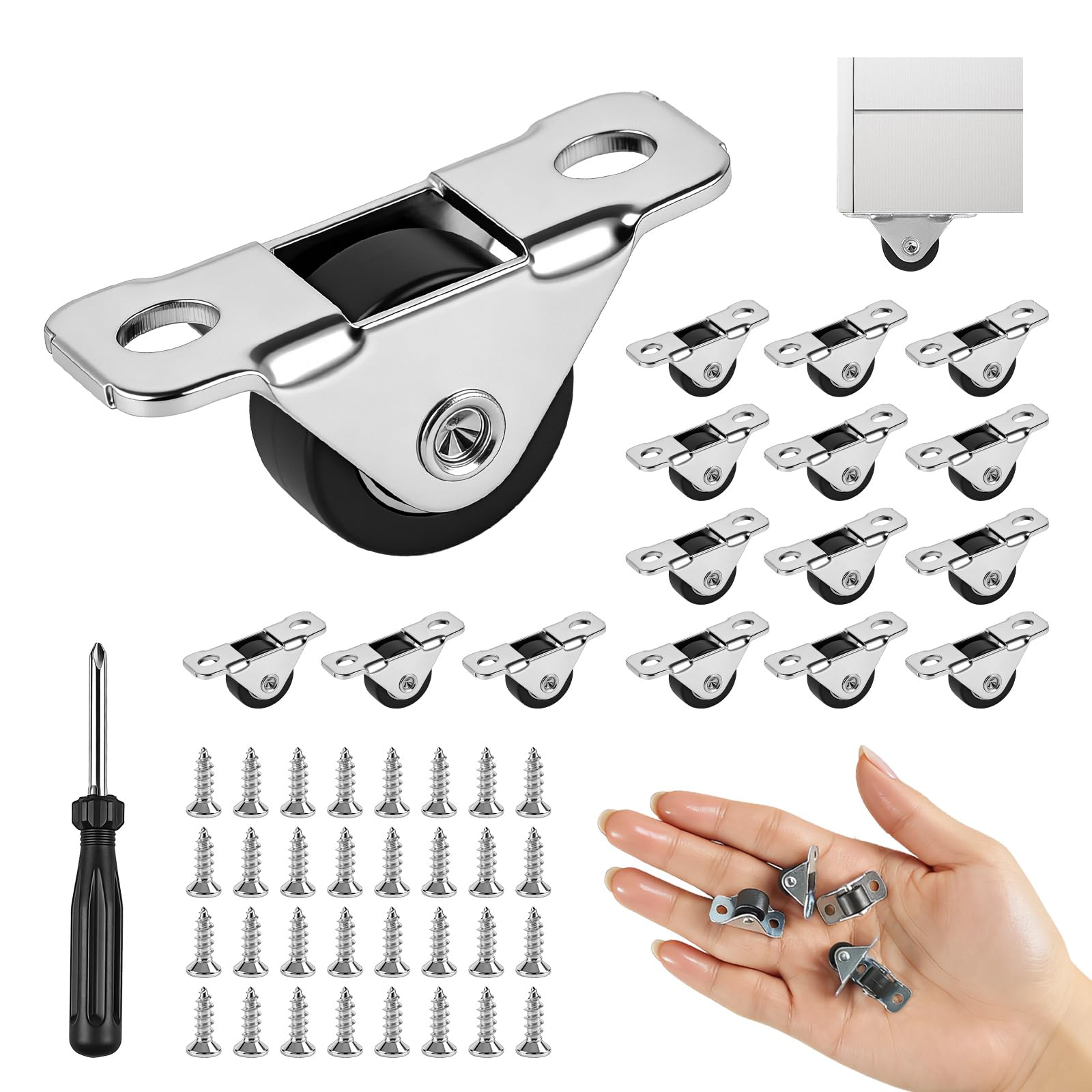 16 sztuk kółek meblowych małe 12 mm mini kółka meblowe ze stalową płytą wierzchnią | Małe, gumowe kółka, ciche kółka, uniwersalne gumowe kółka ze śrubami do małych mebli, urządzeń, stołów, szafek