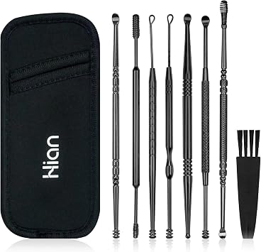 Hion 8 Pcs Ear Wax Removal Kit,Professional Double-Headed Ear Pick Earwax Removal Tools,316L Stainless Steel Ear Cleaner Curette with Cleaning Brush and Storage Box,Suit for Kid AdultBlack