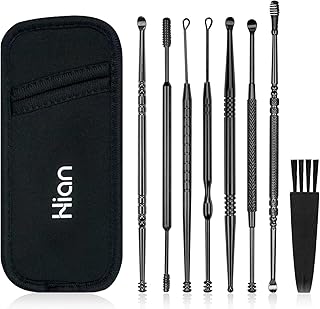 Hion 8 Pcs Ear Wax Removal Kit,Professional Double-Headed Ear Pick Earwax Removal Tools,316L Stainless Steel Ear Cleaner Curette with Cleaning Brush and Storage Box,Suit for Kid Adult(Black)