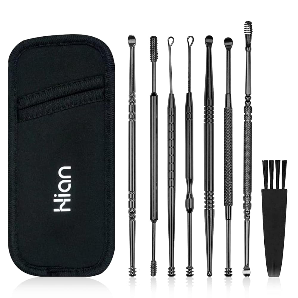 Hion 8 Pcs Ear Wax Removal Kit,Professional Double-Headed Ear Pick Earwax Removal Tools,316L Stainless Steel Ear Cleaner Curette with Cleaning Brush and Storage Box,Suit for Kid Adult(Black)