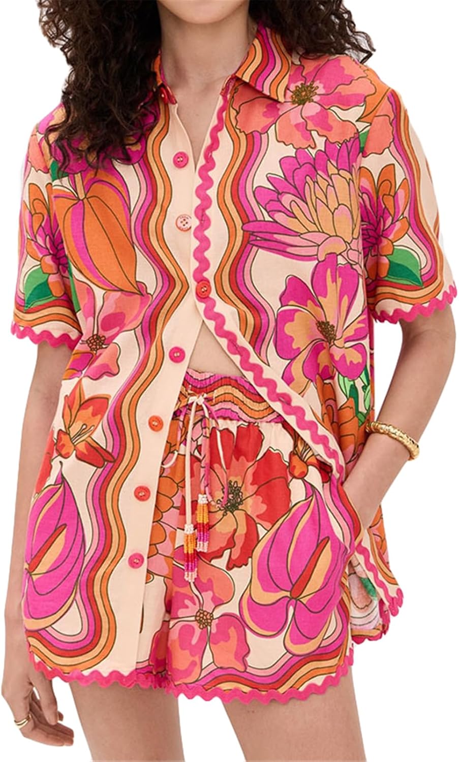 Qikaka Women's 2 PCS Flowers Printed T-shirts Tops Bodycon Shorts Sexy Nightclub Party Tracksuit Outfits Set