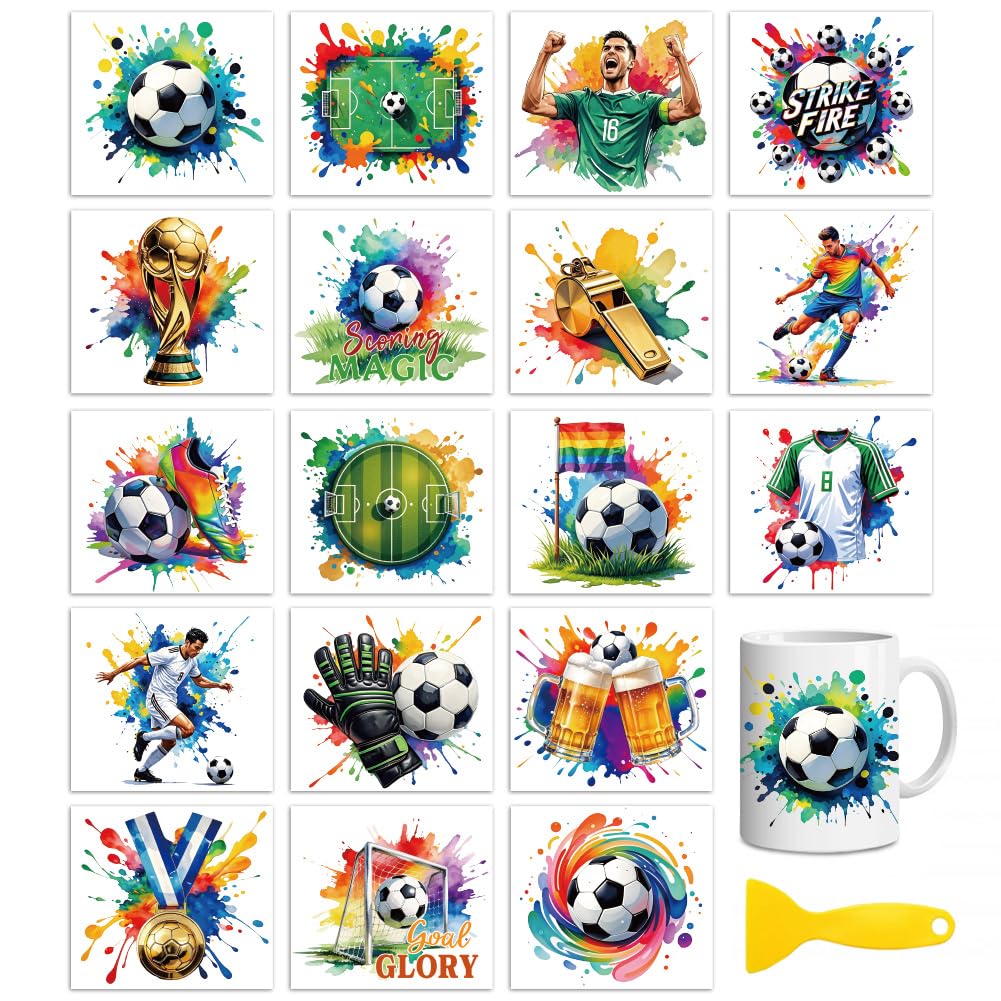 Peacoblue 18 Sheets Rub On Transfers for Crafts, Football 3.6"x3.9" UV DTF Cup Wrap Waterproof Cold Transfers Stickers for Wood Glass Cup Tumblers Mirrors Mugs Home Decor
